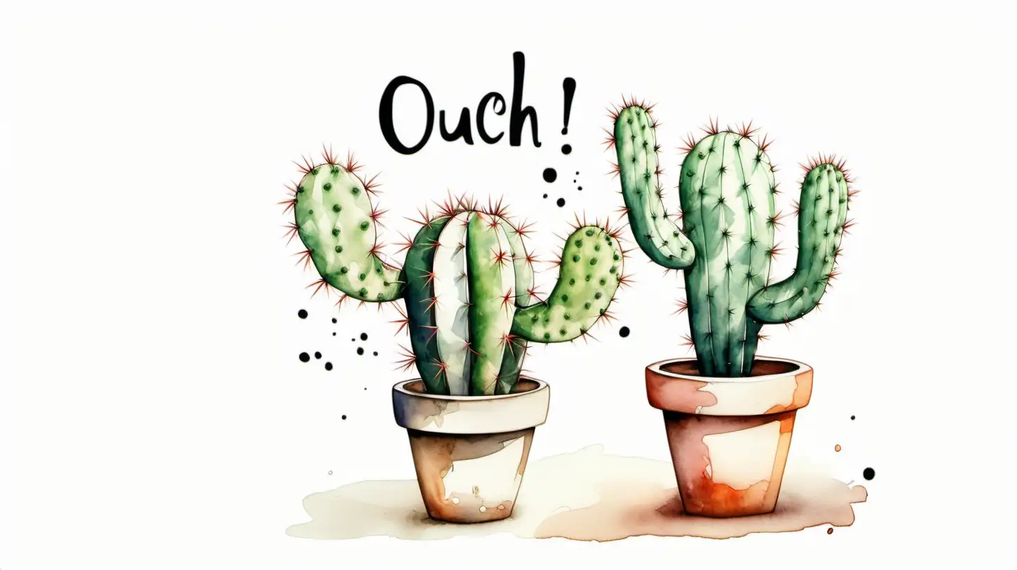 a stylised cactus plant in watercolor painting style on a pure white background with text: "Ouch!"