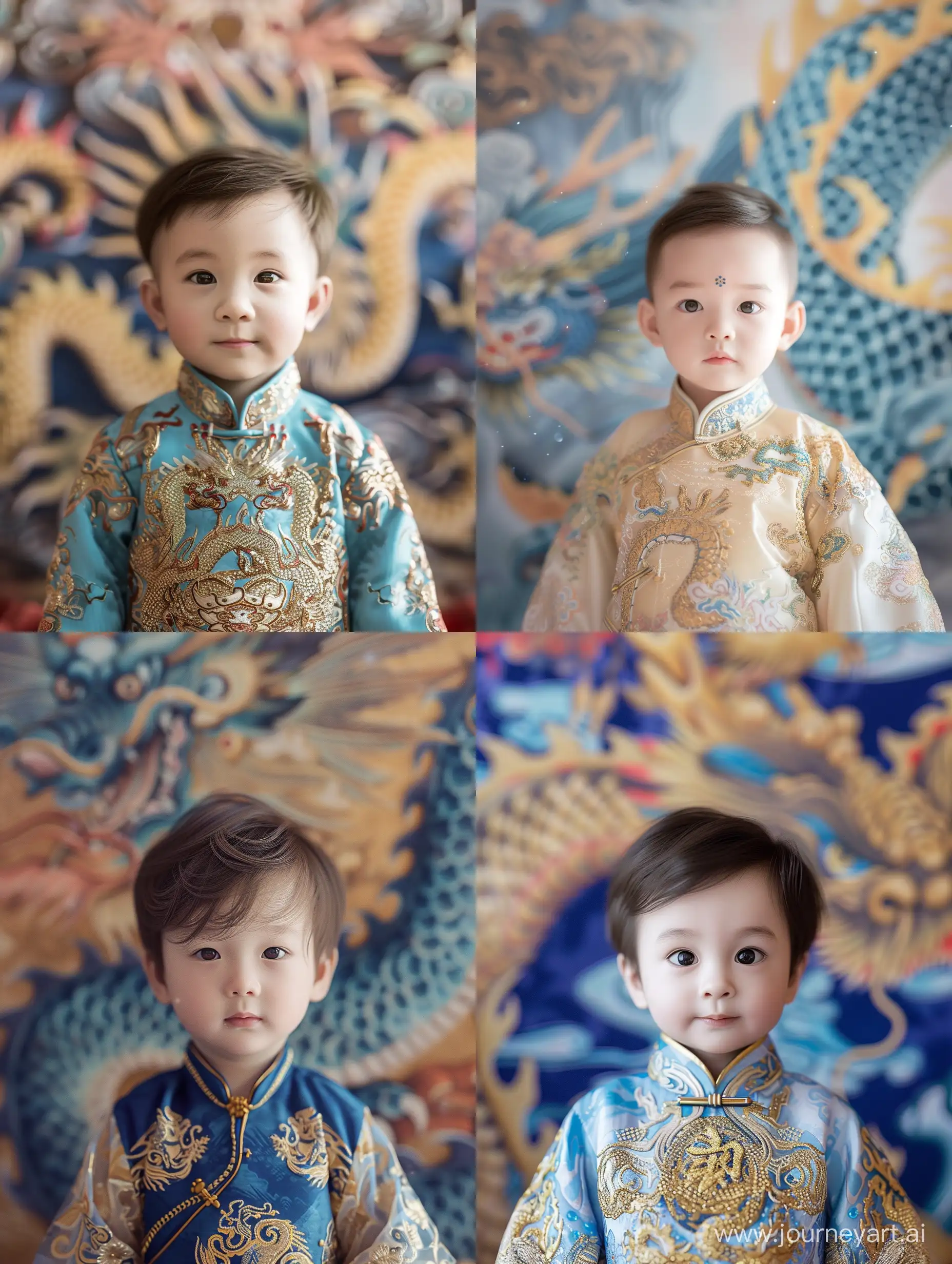 一个1岁的中国男孩，穿着传统的中国汉服，服装华丽，站在中国龙壁画前，背景虚化，写真拍摄，面部特写，精致面容，半身照，蓝色和金色风格，半透明纹理，精心制作，3D，C4D渲染，8K，超高细节