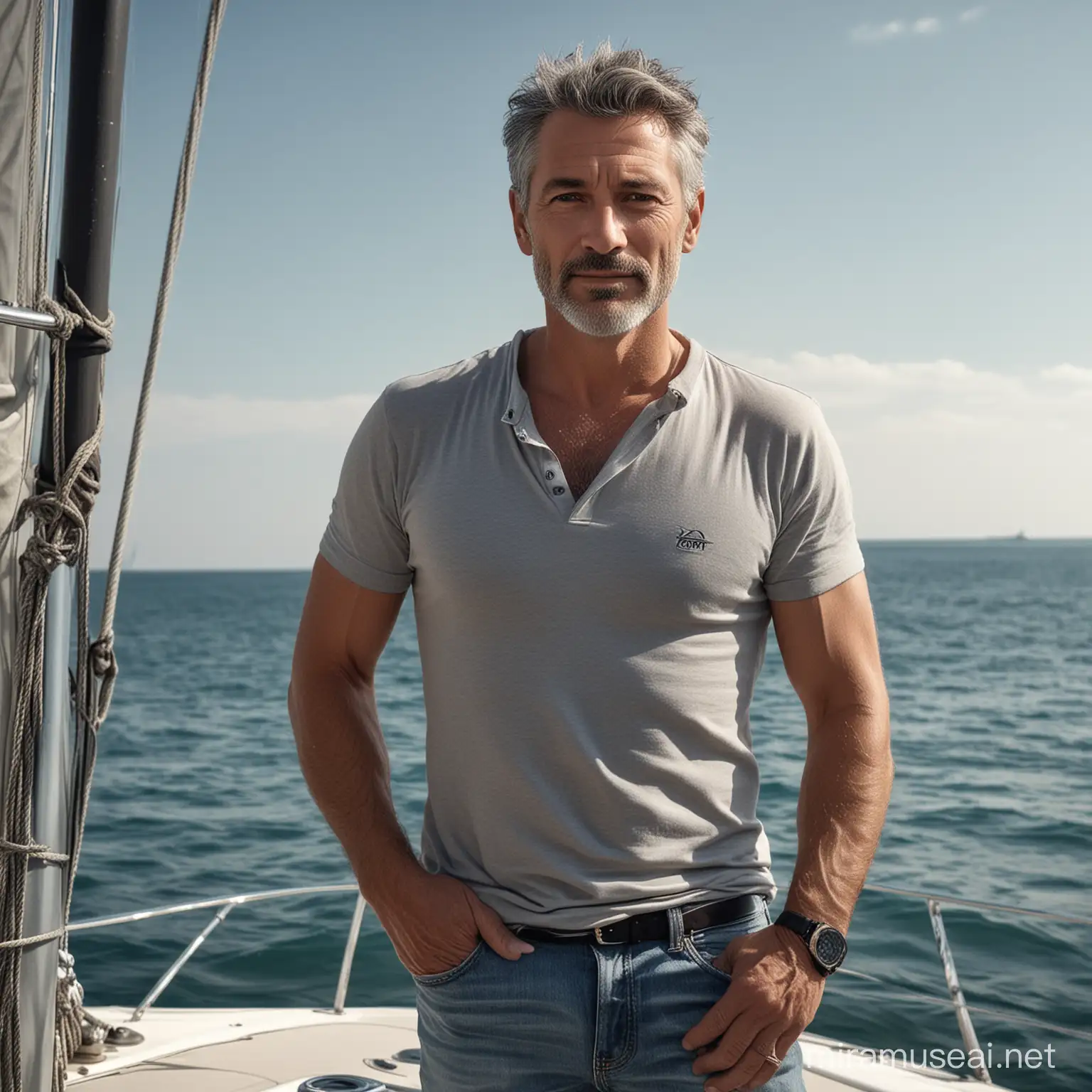 реалистичное фото мужчина 47  лет, седые волосы, стройный,  увлекается морем, яхтой. 