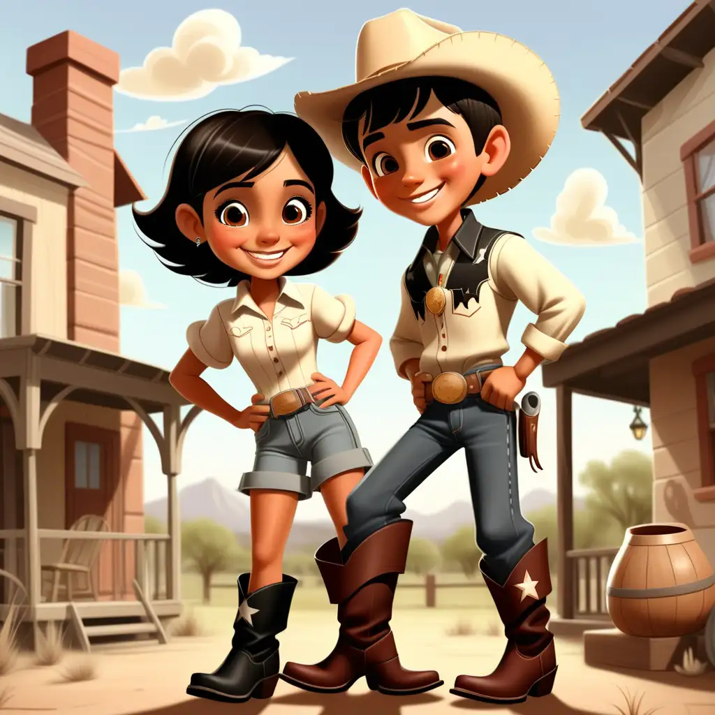 Enchanting storybook characters smiling.  Hispanic boy with short black hair and black eyes. Brunette Girl with short brown bob and brown eyes. Wearing cowboy boots moving to Texas