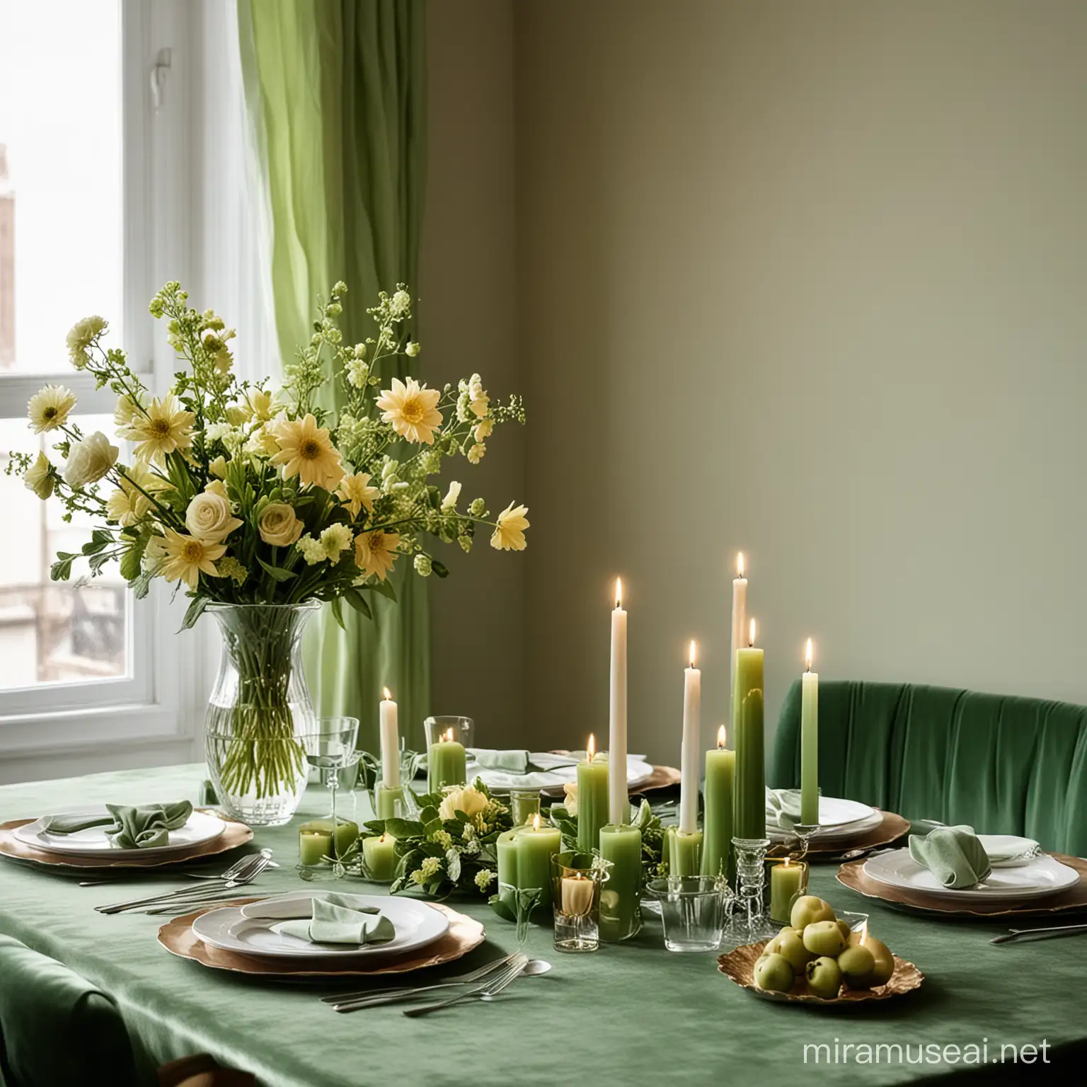 Interior design
Lunch room
Sun shine
Green set
Candles and flowers
Green Velvet
Nude colors

