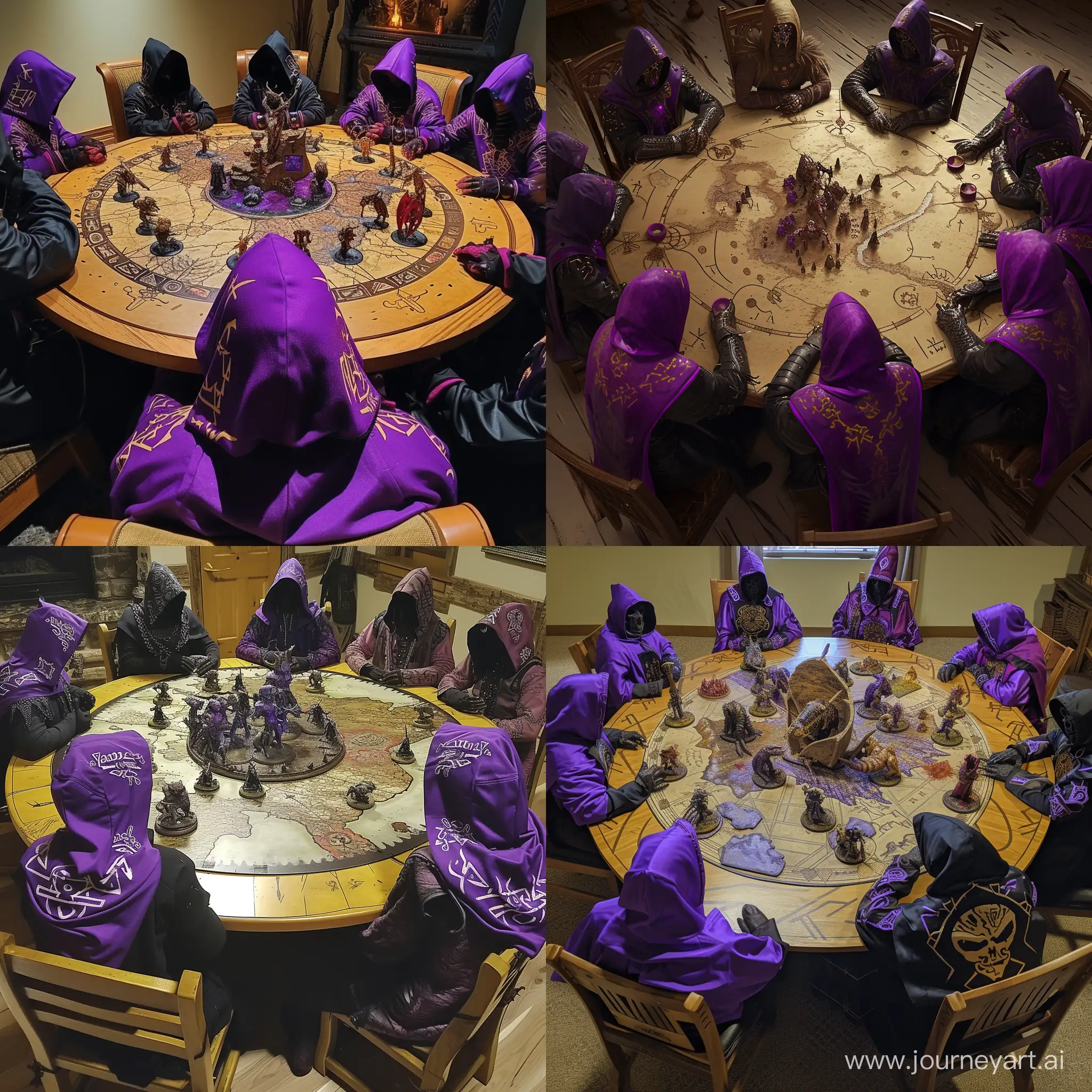 Круглый стол за которым сидят некроманты в фиолетово-чёрных капюшонах, на одежде которых нарисованы руны. А в центре стола 3д карта фентези мира, на которой отображаются различные мини-существа.