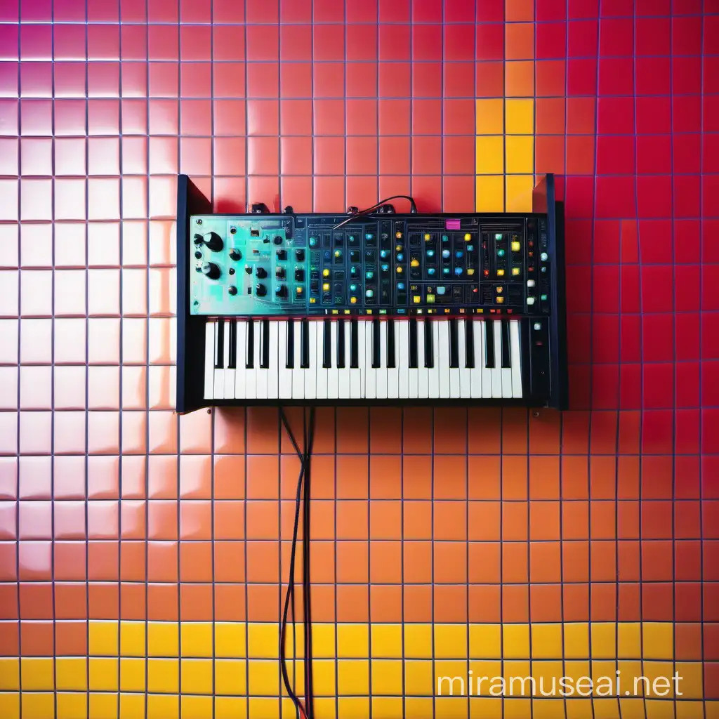 Synthesizer on Vibrant Floor Tiles