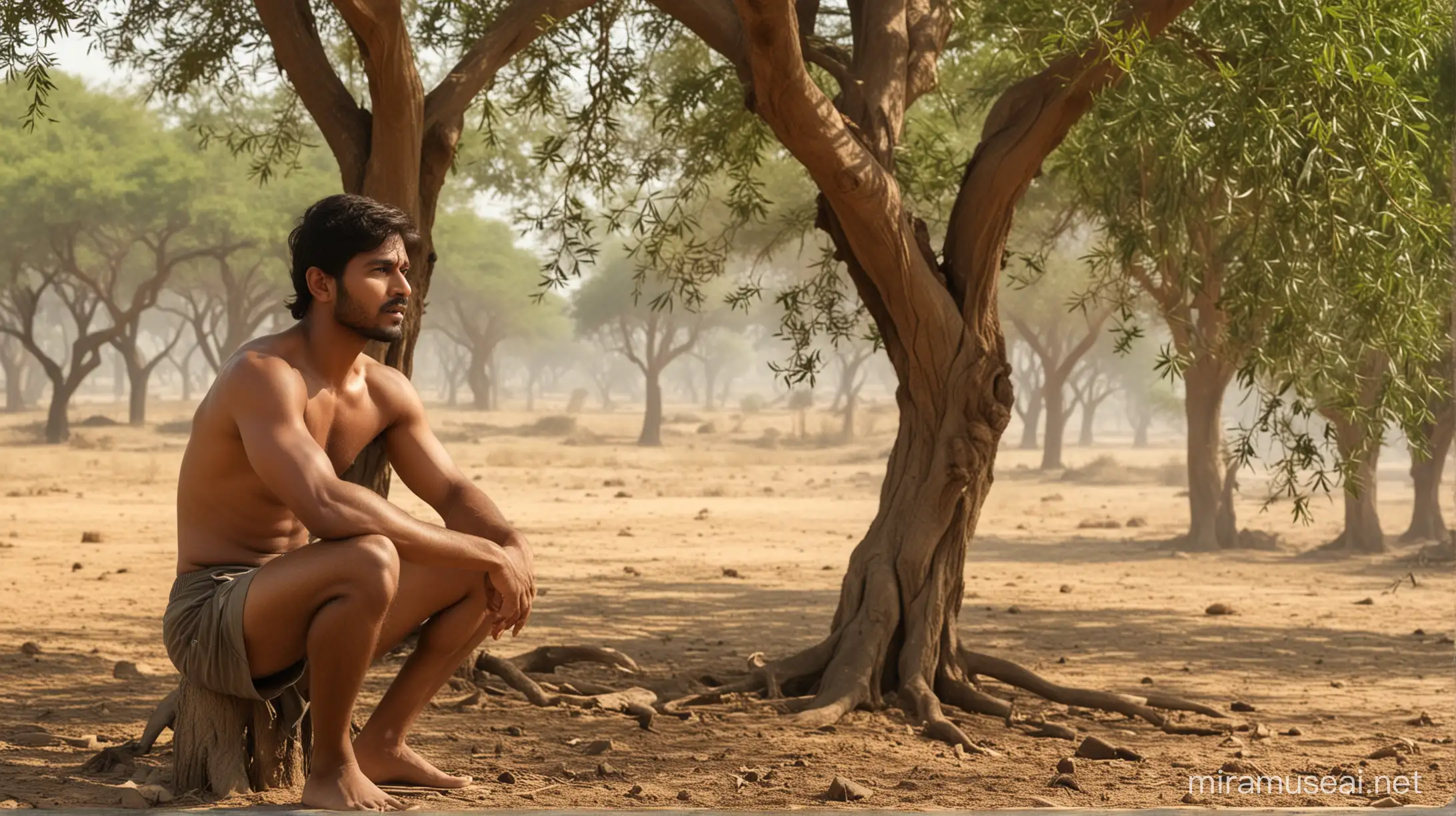 Indian one men who has tense emotion , and background was plan ground in which one tree is there and also very hot warm climate summar