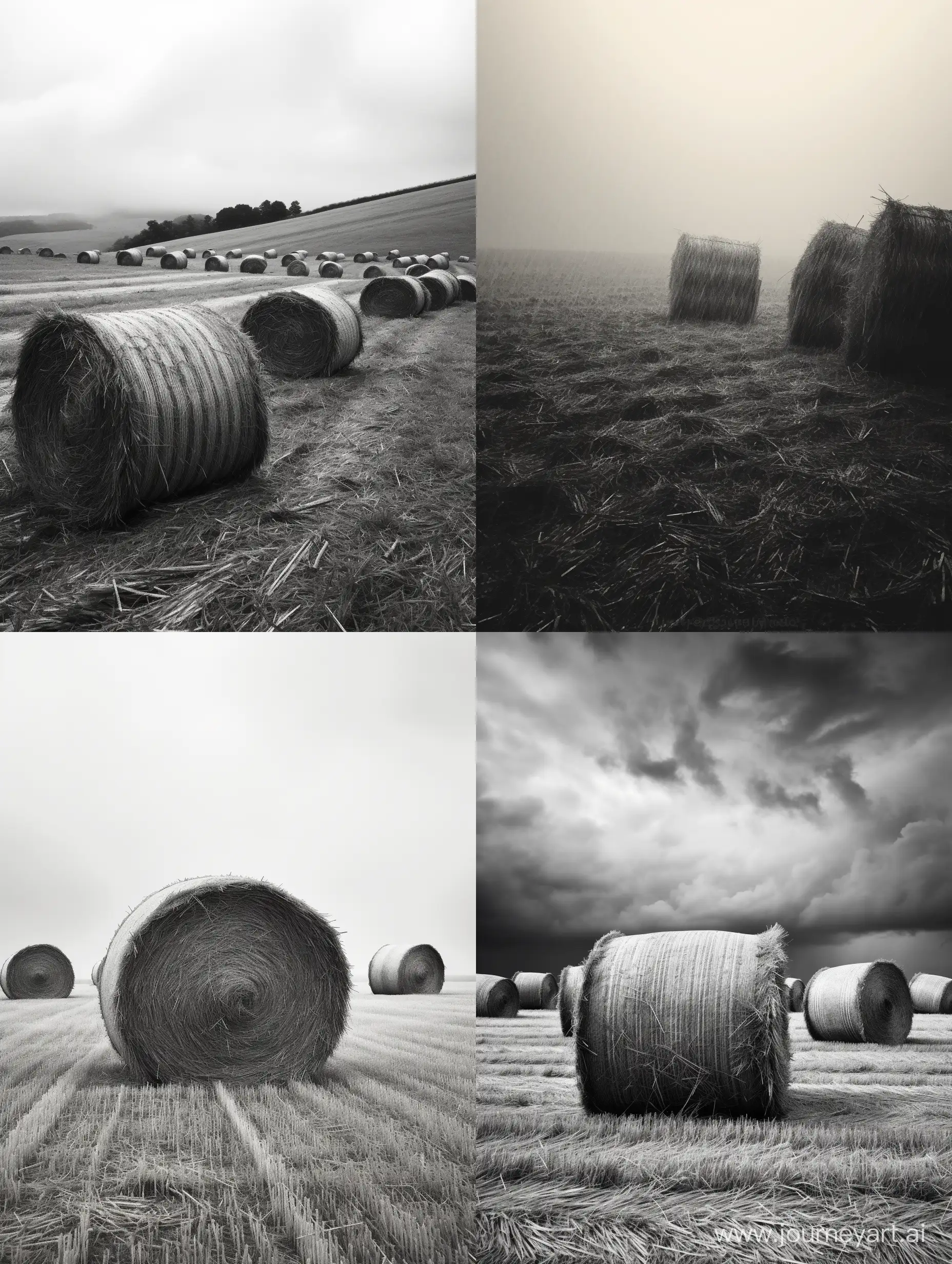 Straw bales in the countryside with rain (black and white)