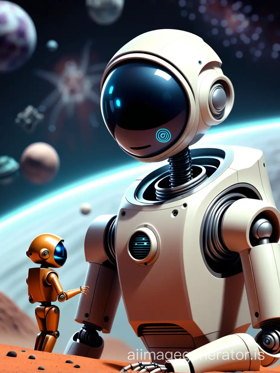 Robot, code and human enjoying in a space exploration.