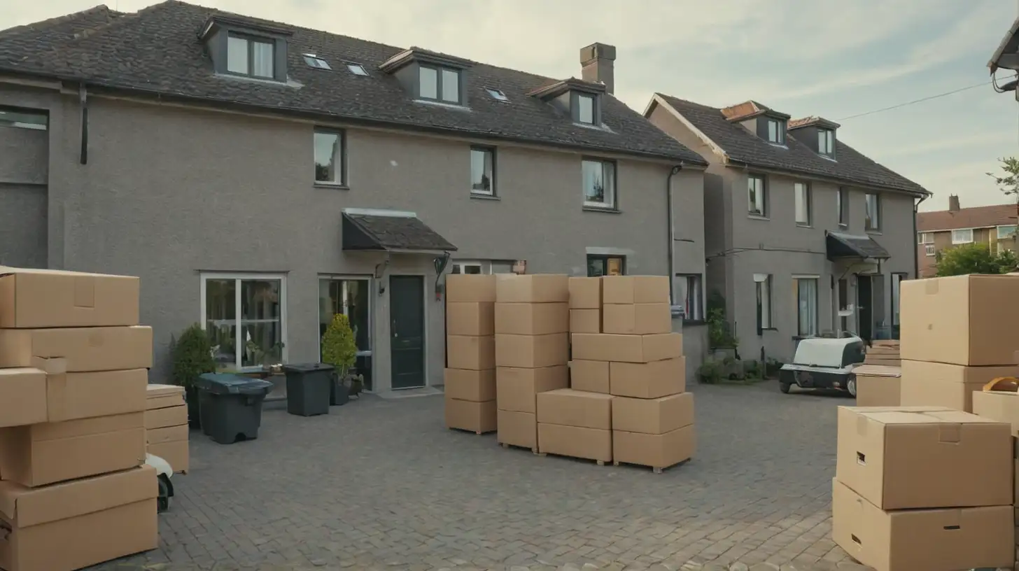 image of a house where the people are putting lot of boxes outside and moving out, lot of furniture outside. For Selfstorage garage. Dutch house. Closeup camera view 
