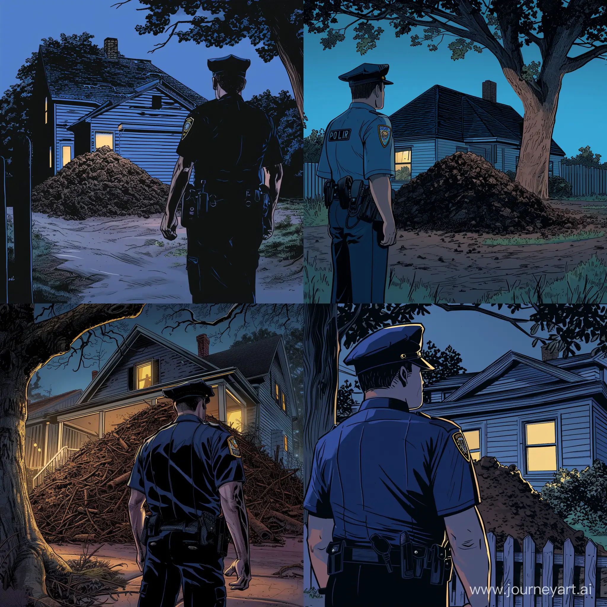 policemen notices a strange pile of dirt behind the house, little lighting, modern american comic book style.