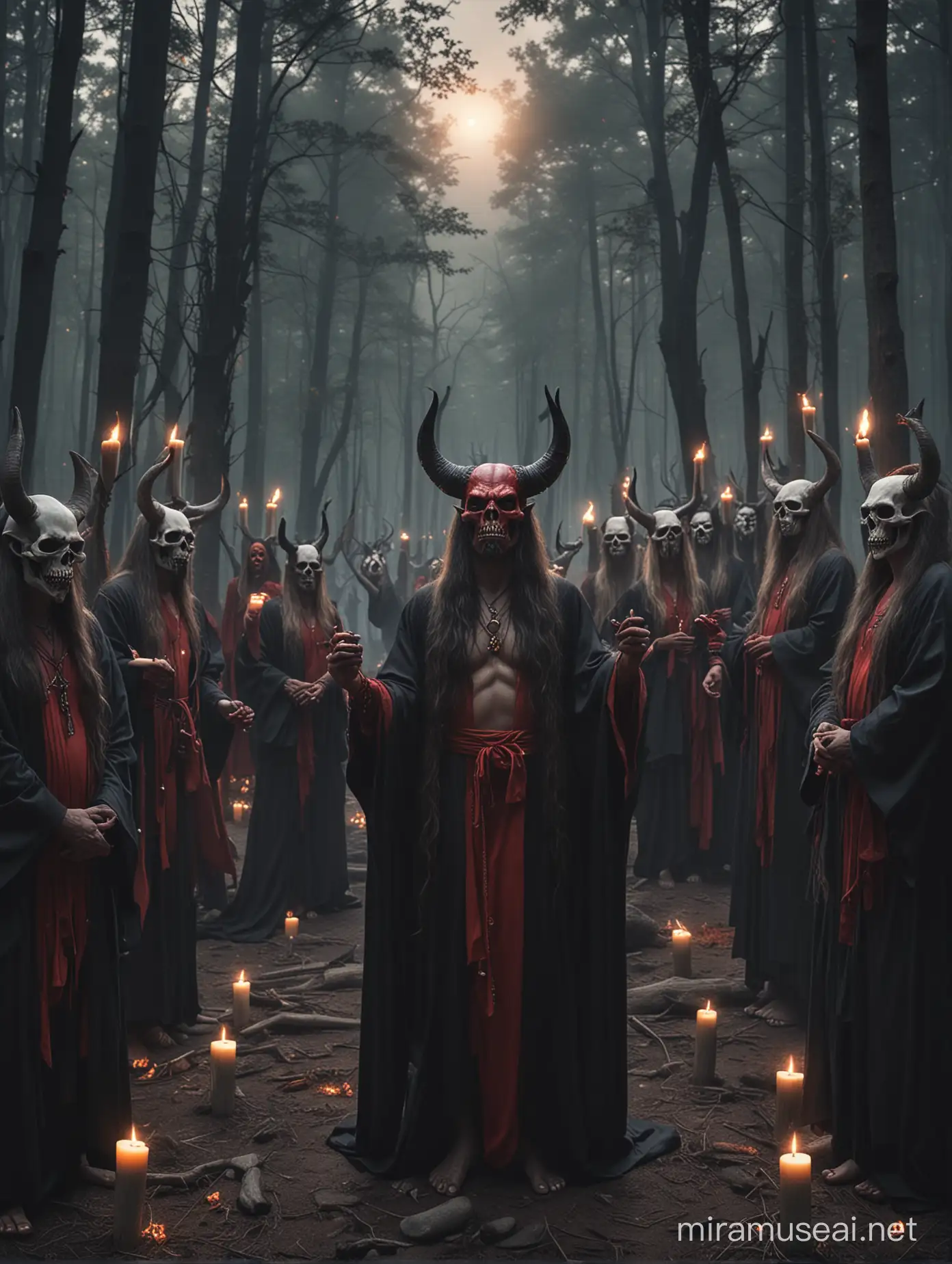 hyper-realism, devil worshipping ceremony, robes, devil horns, satanic cult, candles, forest, during a total solar eclipse, solar flares, devil, evil, long hair, naked, skulls