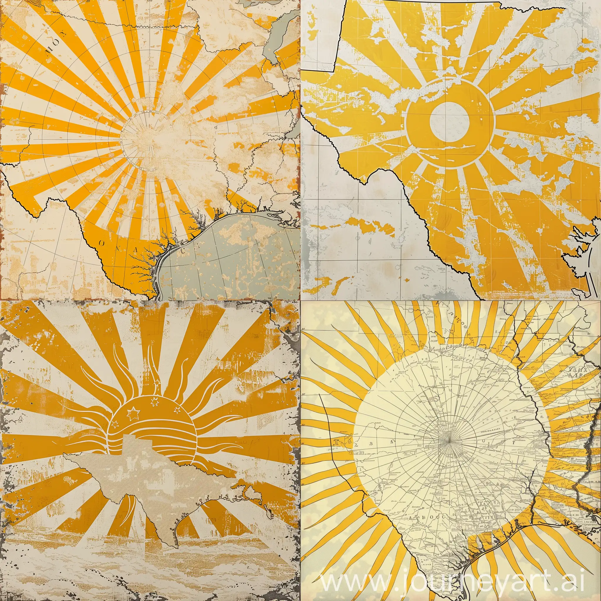 Map of Texas and Oklahoma with a Japanese rising sun pattern in yellow and white, centered at Wichita Falls, Texas.