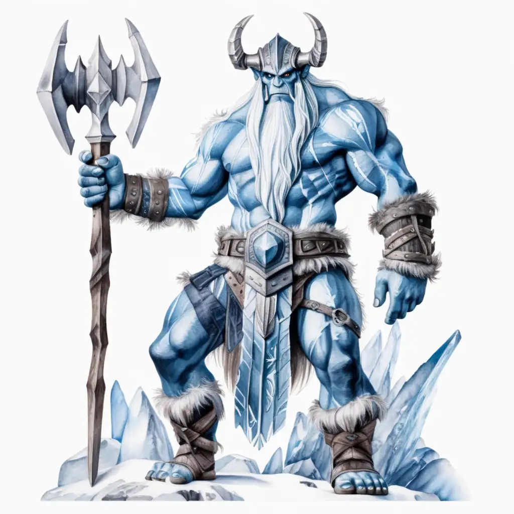 Formidable Frost Giant wielding a Menacing Weapon in a Mysterious Dark Watercolor Drawing