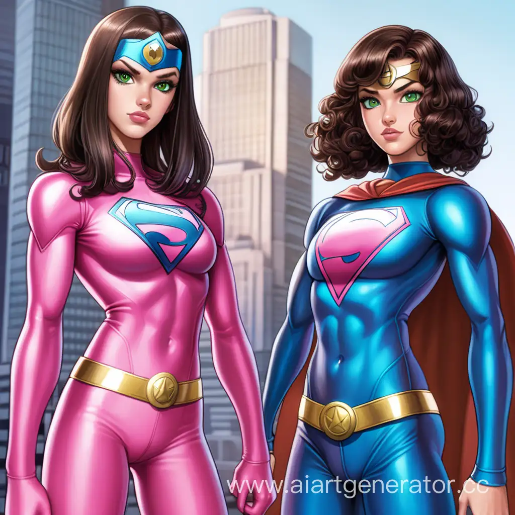 Две худенькие девушки-супергероини, со светлой белой кожей стоят рядом, одна девушка с темными прямыми длинными волосами, пухлыми губами и зелено-карими глазами, одета в розовый костюм супергероини, а вторая девушка на полголовы выше, в черном костюме супергероини, у нее  прическа каре темные волосы, с вьющимися волосами и голубыми глазами на фоне города