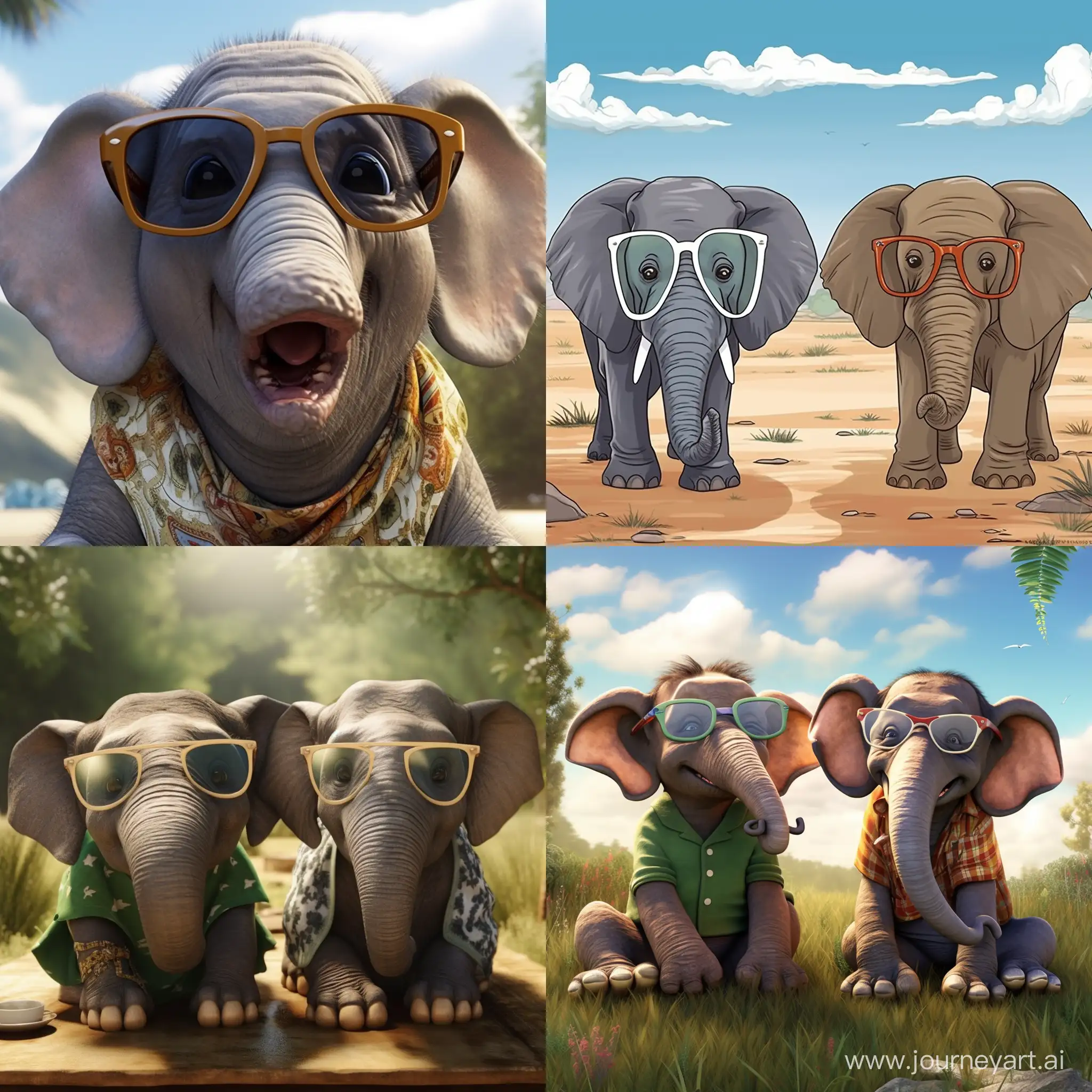 Genera un breve dialogo divertente tra un elefante che indossa occhiali enormi e il suo amico. L'elefante potrebbe dire qualcosa riguardo agli occhiali e l'amico rispondere in modo simpatico o sorprendente.
