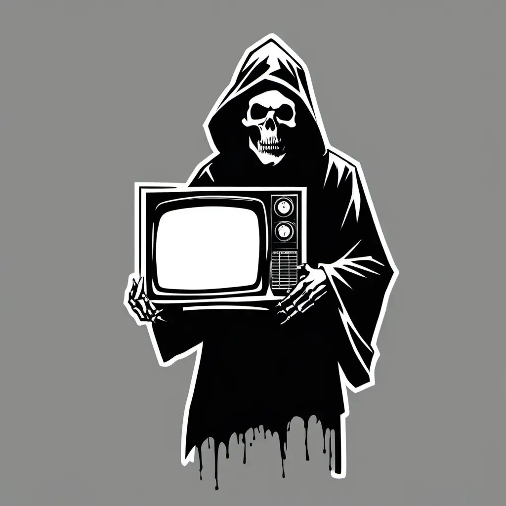 Black and white stencil of the grim reaper holding an old tv, in the style of banksy, minimalist, simplicity, vector art, isolated on black background -v 5