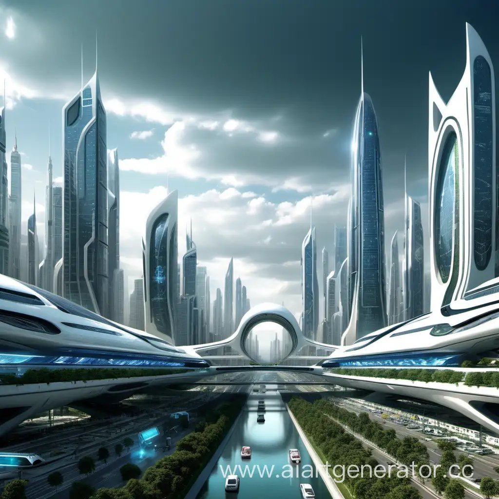 Futuristic-Cityscape-with-Skyscrapers-and-Hovering-Vehicles