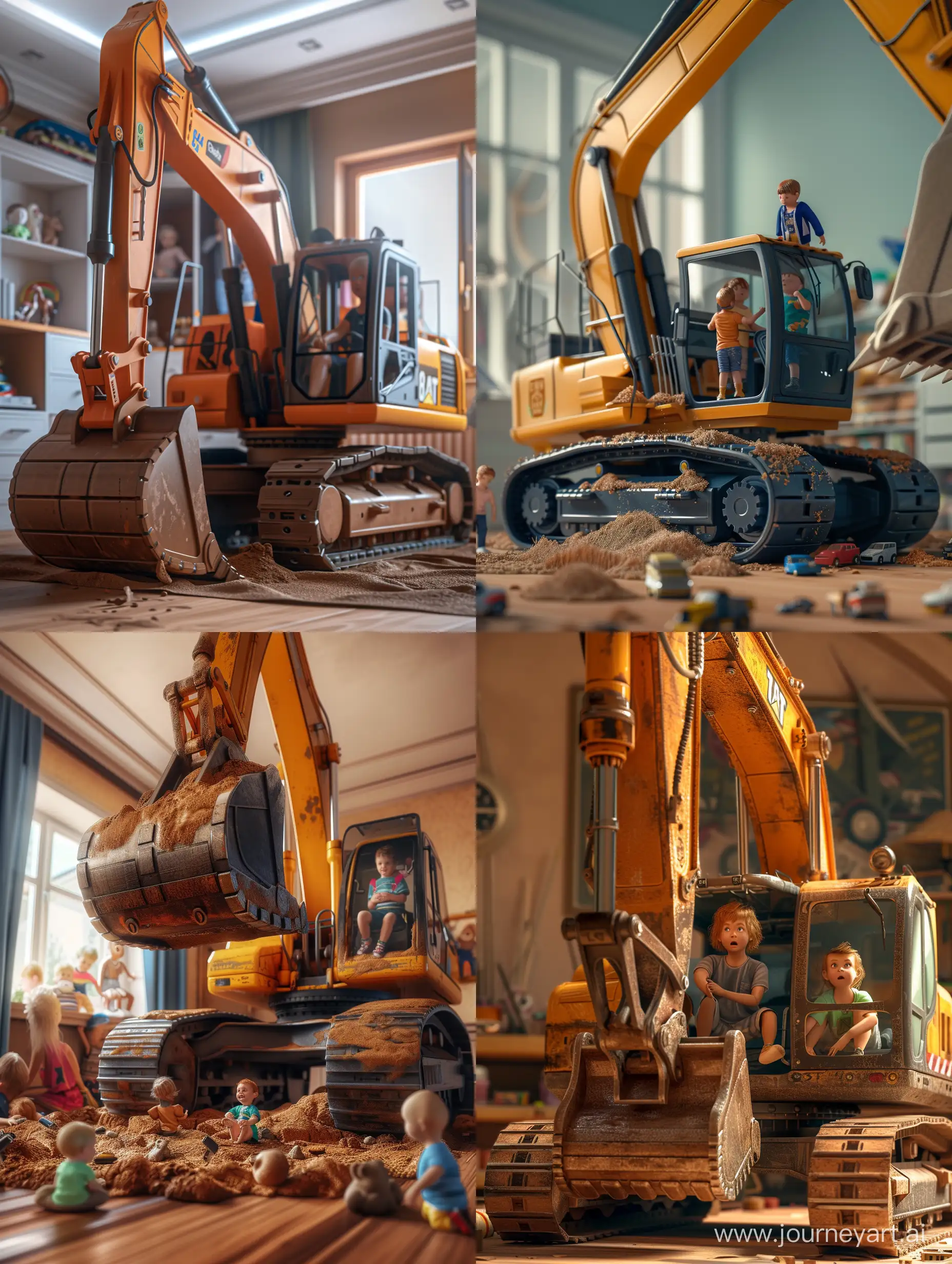 A huge excavator, toy room, achildren play sitting inside the bucket, full shot, long shot, best quality, high resolution, 8k, HDR, realistic, hyperdetailed, ultra detailed eyes, detailed hair,