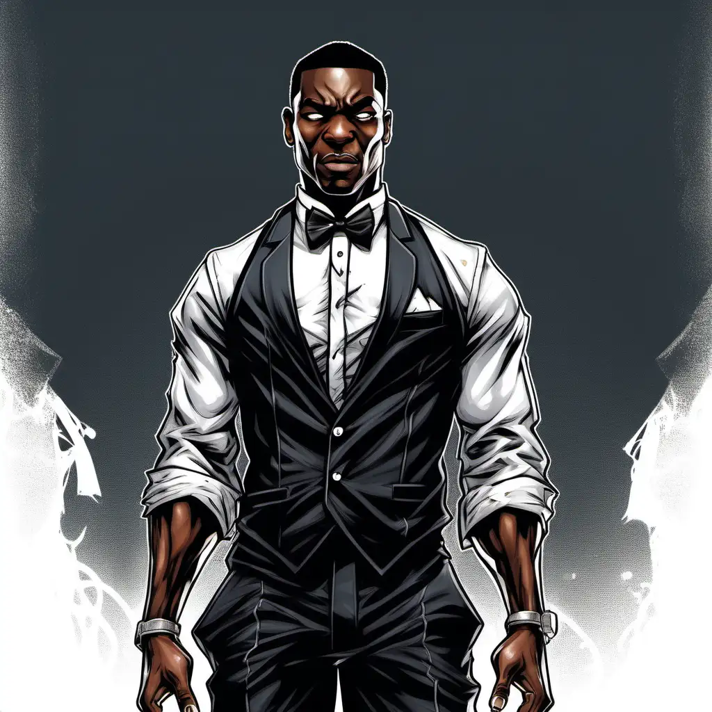 Black Male Limo Driver with a black blazer and white button up shirt with a bowtie and with ripped off sleeves he has a lean physique and anger in his eyes looks like he is ready to take on whatever stands in his way  