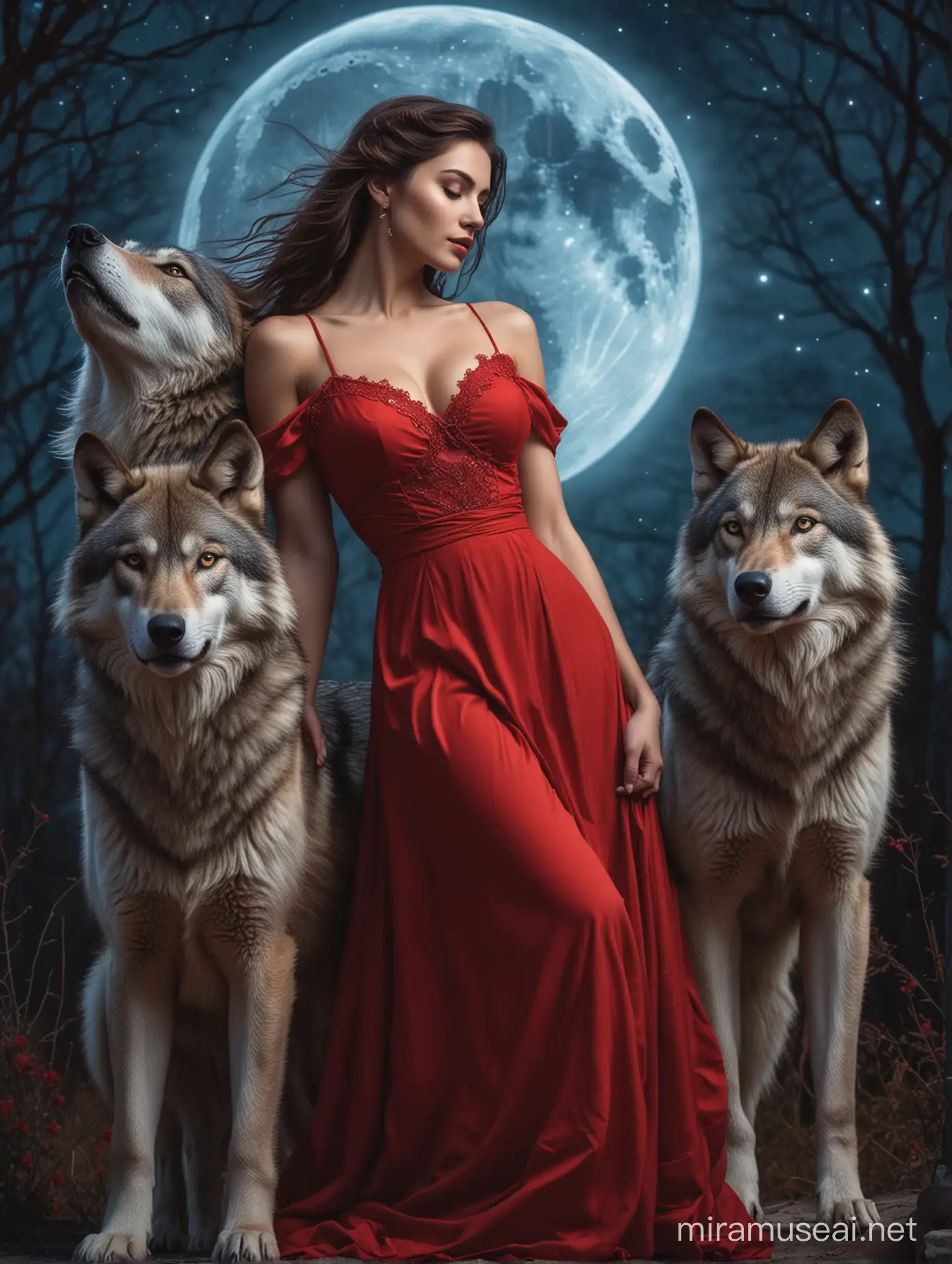 Romantic Trio Elegant Woman in Red Dress Embraced by Two Men with Wolves under Glowing Blue Moon