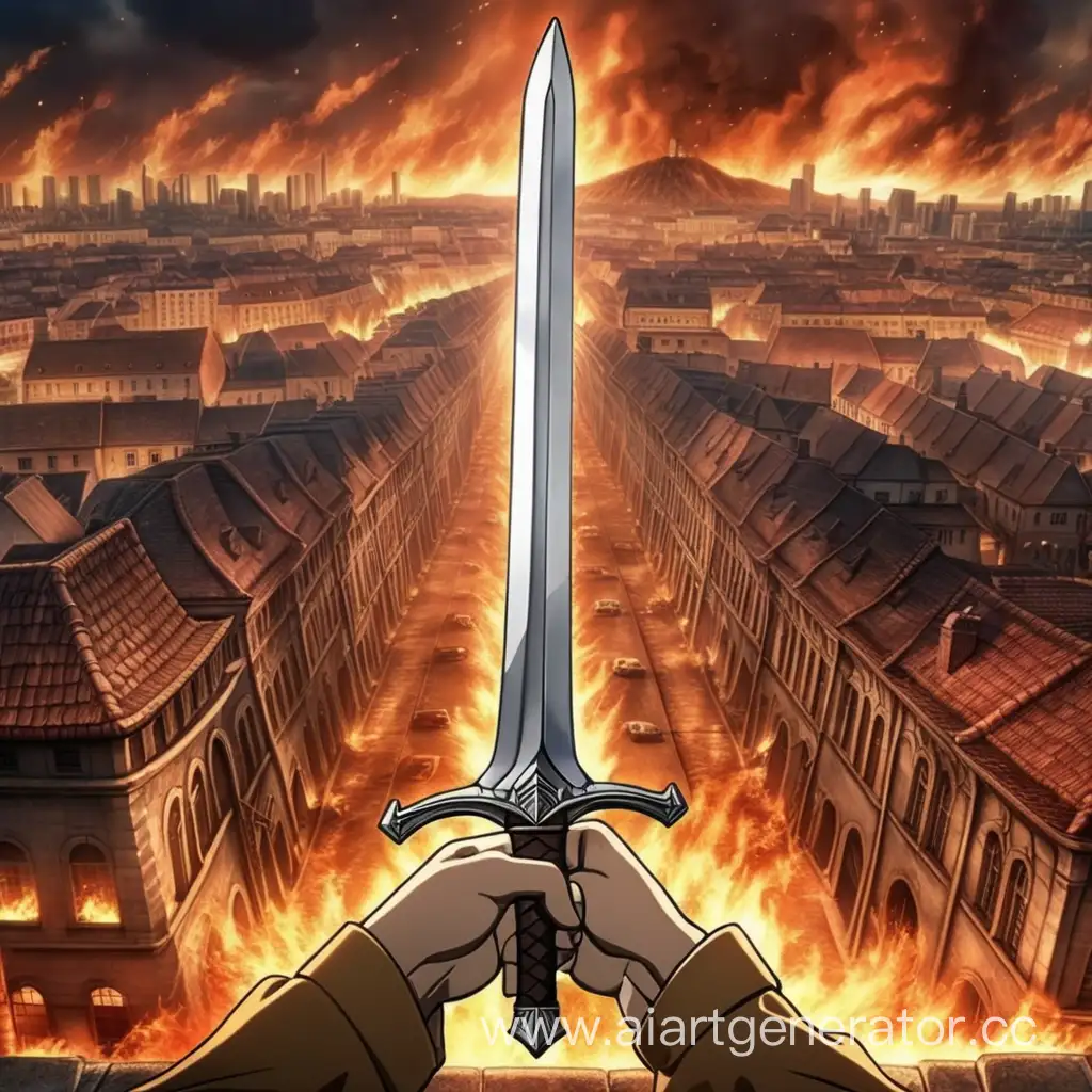 два скрещенных меча из атака титанов на фоне города в огне