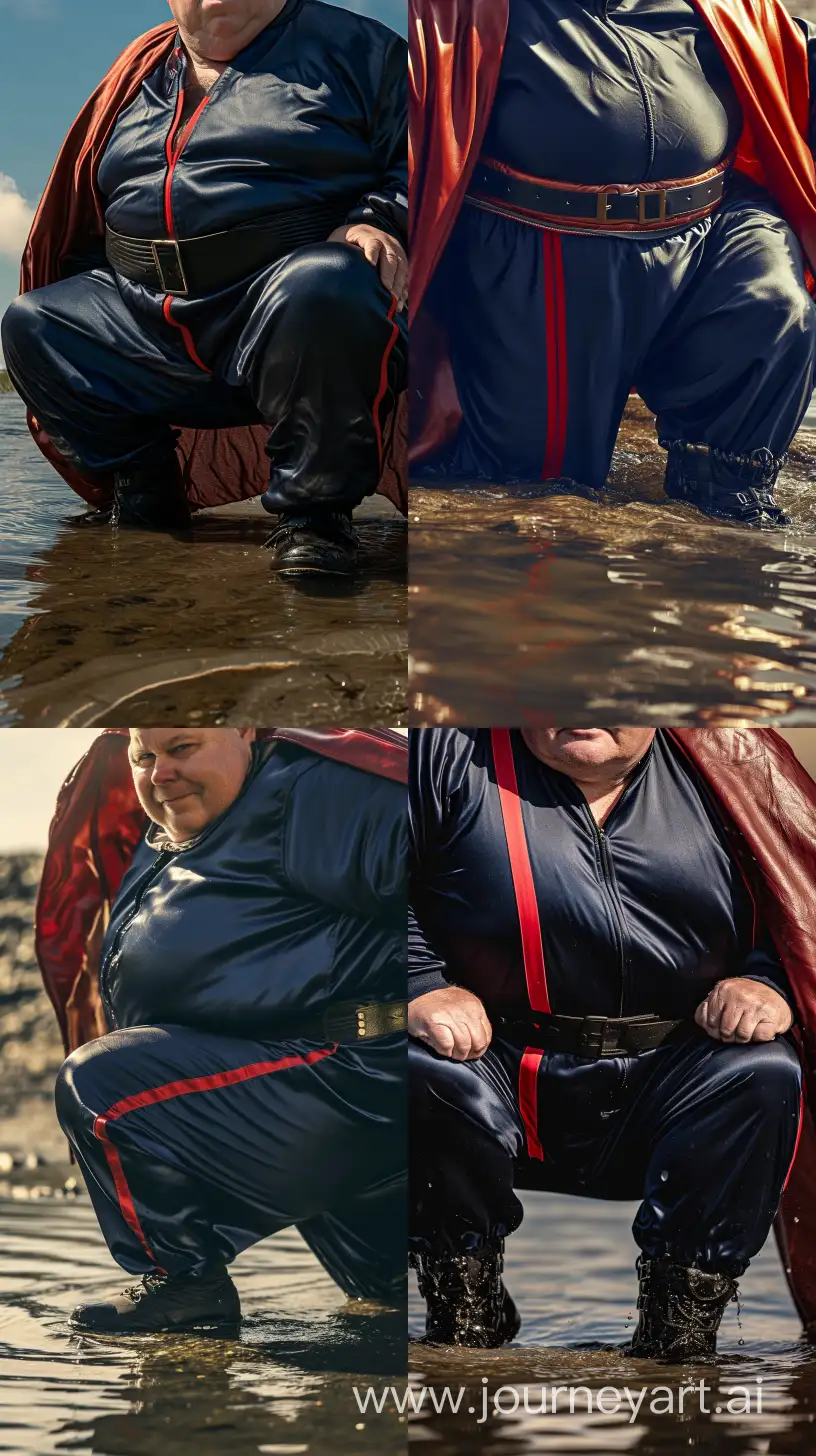 Portrait close-up photo centered on the chest of a chubby man aged 70 wearing a silky navy tracksuit. Red vertical stripe on the side of the pants. He has a black tactical belt. He has a big and long red leather cape. Black Hiking Boots. He is crawling in the water. Direct Sunlight. Bald. Clean Shaven. Outside. --style raw --ar 9:16 --v 6
