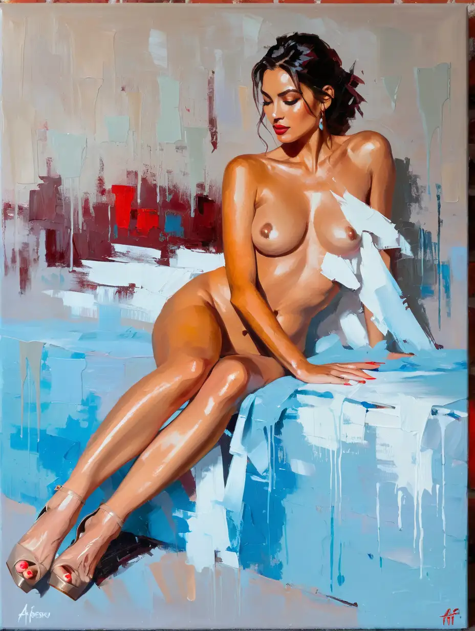 Full color painting of (nude woman:1.3) , high heel shoes, perfect hourglass figure , perfect perky tits, on a red-black wall background , Stylized painting in wet oil, palette knife, oil painting style, dramatic loose brush strokes, free brushwork , by Henry Asencio & Fabian Perez
