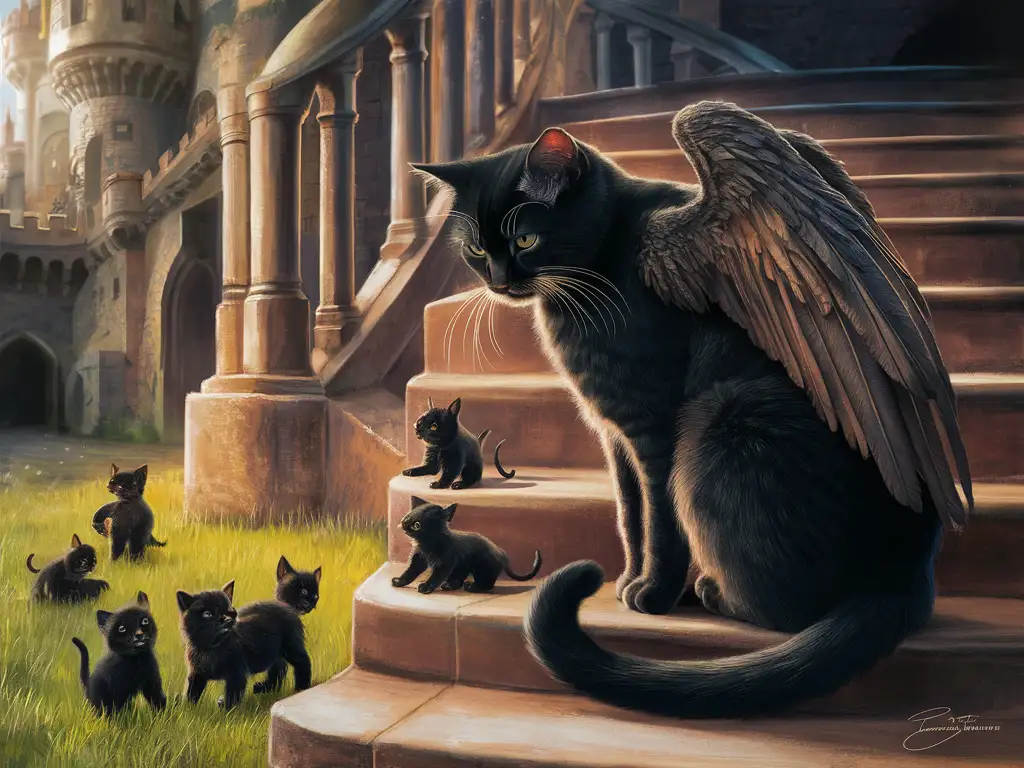 Black-Cat-with-Folded-Wings-Observing-Playful-Black-Kittens