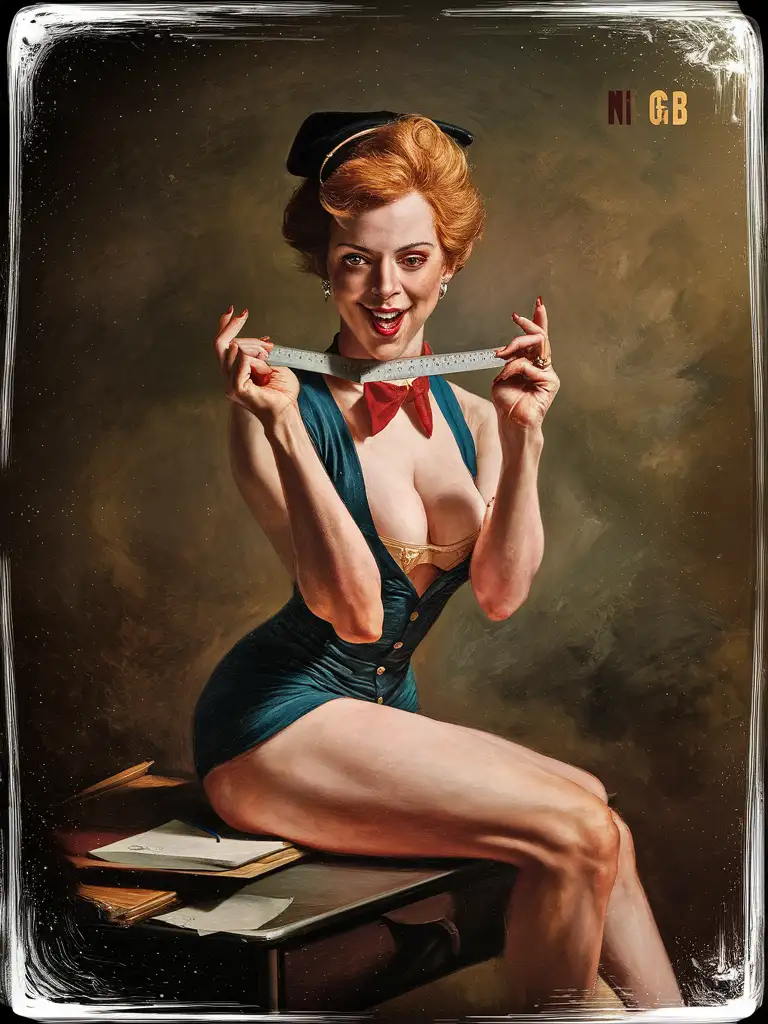 Style: The image should be SFW neo-expressionist in style, similar to the work of Hajime Sorayama. Content: The image should depict a teacher with a cute face and tight-form-fitting attire in a sexy and mischievous pose, sitting on a desk and playing with ruler. The teacher should be the central focus of the image. Resolution: The image should be in 4k resolution. Medium: The image should be painted in oil. Color scheme: The image should have an RGB color scheme with 5 levels of saturation. Aspect ratio: The aspect ratio of the image should be 9:16. Additional effects: * Apply the Niji artistic effect with a strength of 5. * Use a quality level of 100. * Apply the stylize filter with a strength of 500. * Add a degree of chaos to the image with a strength of 50. * Repeat the entire process 15 times to create a layered and detailed image. * Add a final touch of weirdness with a strength of 30.