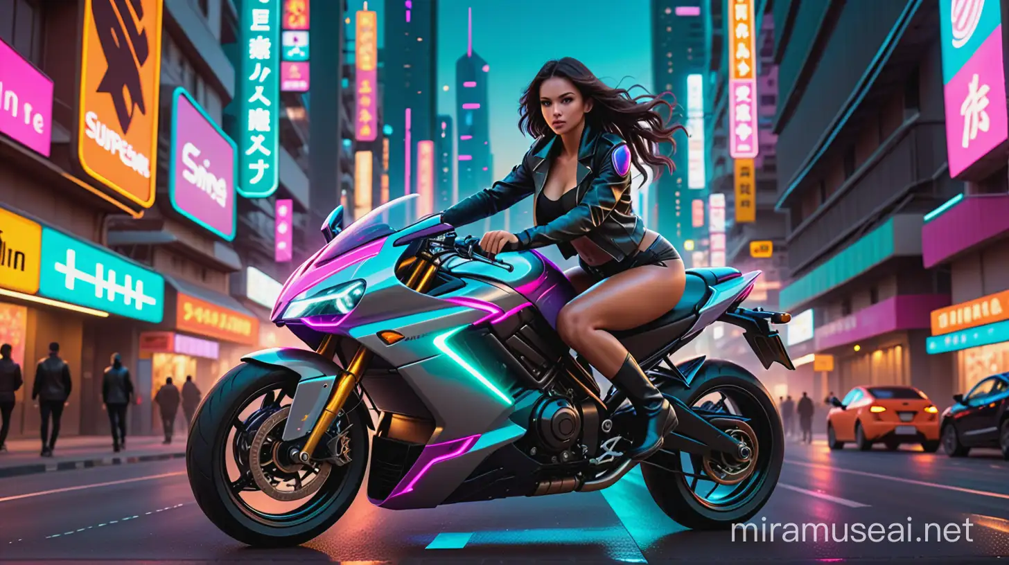 A fierce and confident hot girl riding a sleek and powerful super bike through the neon-lit streets of a futuristic city.