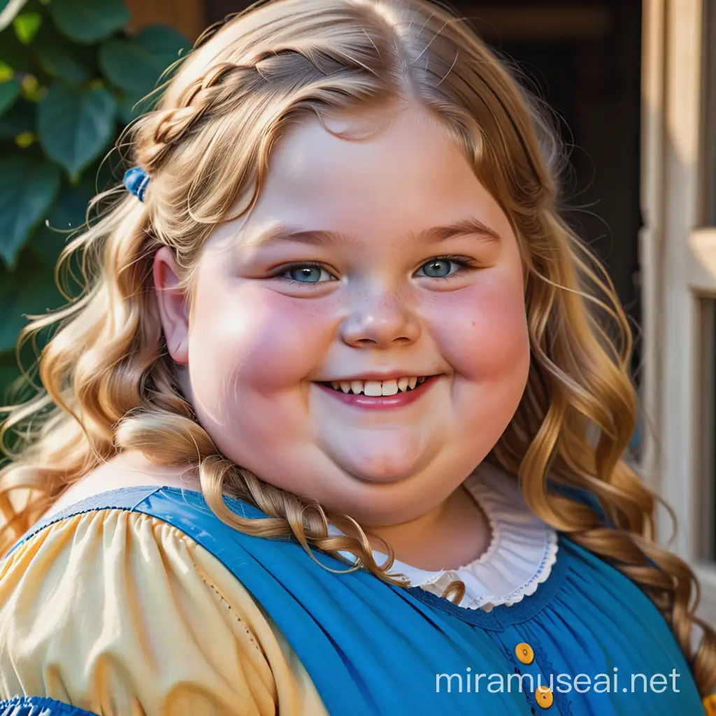 Detailed photo of a very obese, smiling nine year old little girl, with very obese body, very fat face with red cheeks, peachfuzz on her cheeks, long wavy blonde hair, blue eyes, thick eyebrows, yellow teeth, wearing an old-fashioned blue rural dress