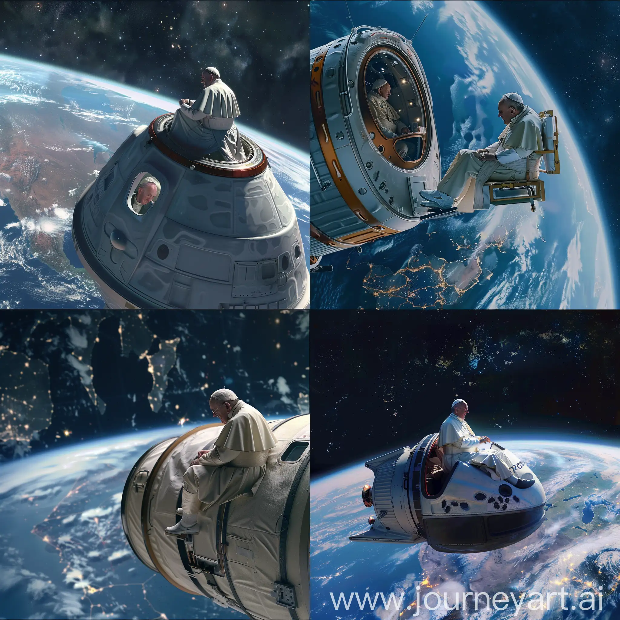 le pape assis sur une capsule spacial en orbite autour de la terre, entrain d'admirée la belle vue