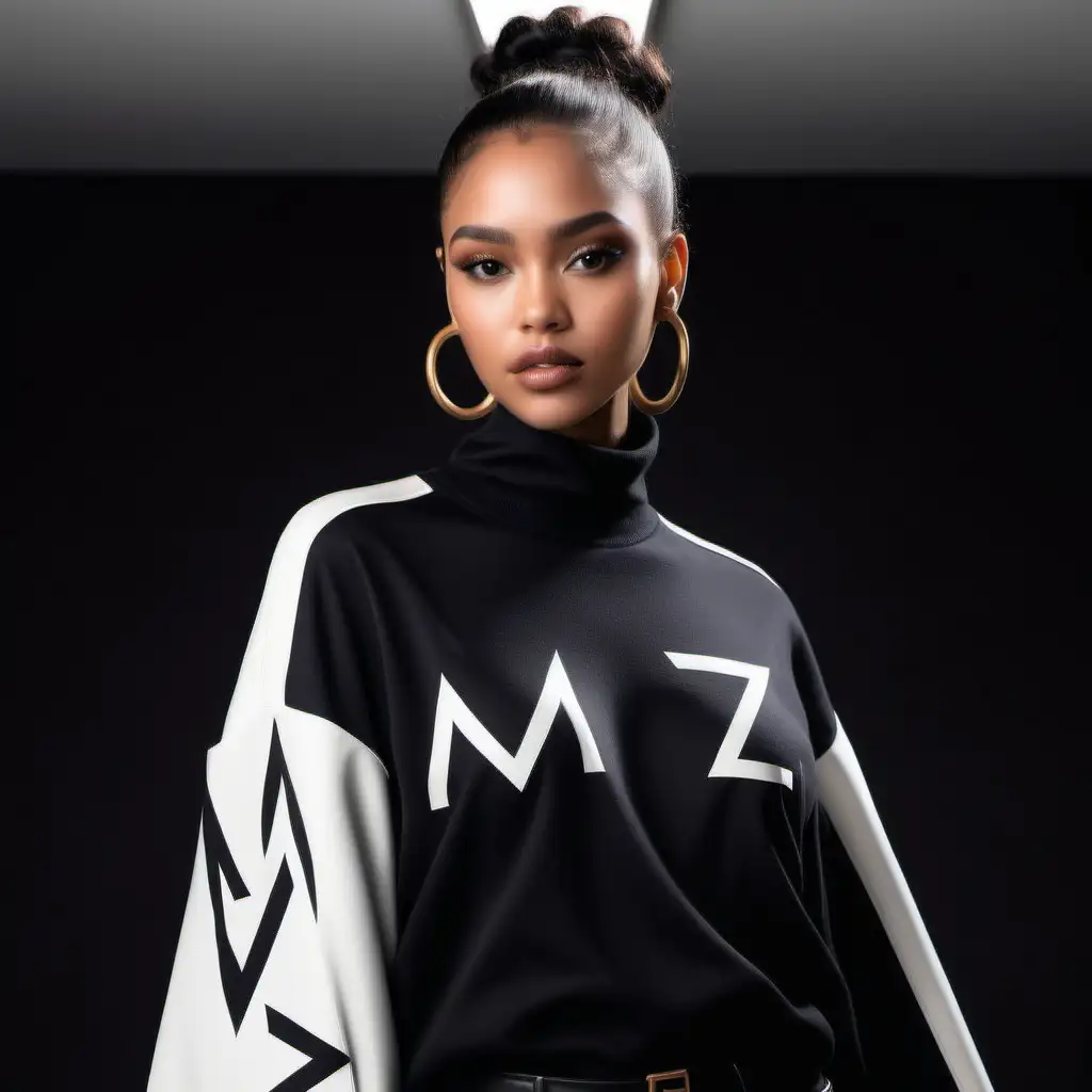 Elegant Black or Mixed Race Model Showcasing MZ Logo Luxury Fashion in Opulent Setting