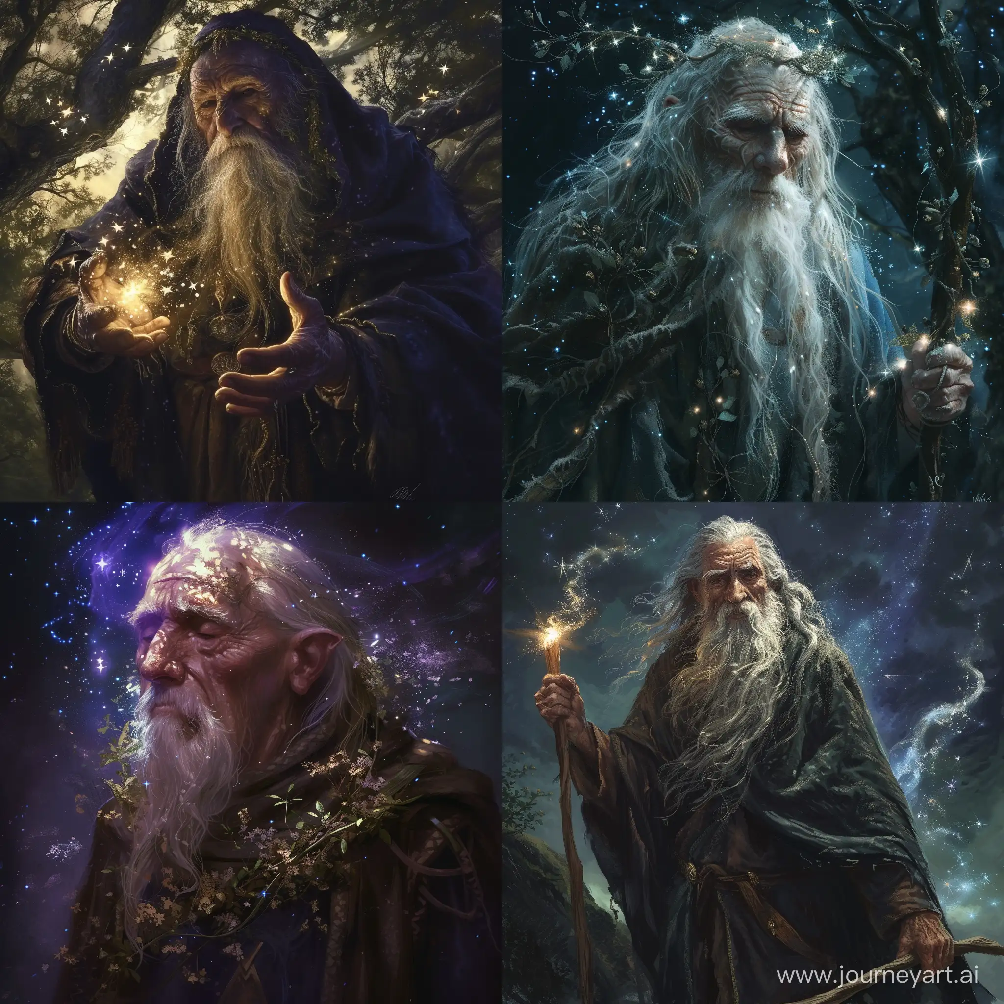 An old male human stars druid, emanating twighlight