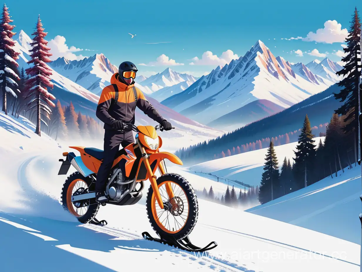 Man-Riding-Snowbike-in-Mountain-Range-Vector-Illustration