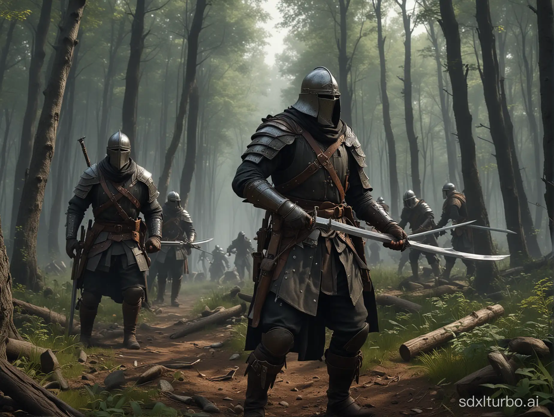 (((Bandits with bold heads))) are attacked by lightly armed medieval infantrymen with swords on the edge of the forest, perfect composition, beautiful detailed intricate insanely detailed octane render trending on artstation, 8 k, photorealistic concept art, soft natural volumetric cinematic perfect light, chiaroscuro,  masterpiece, caravaggio, greg rutkowski