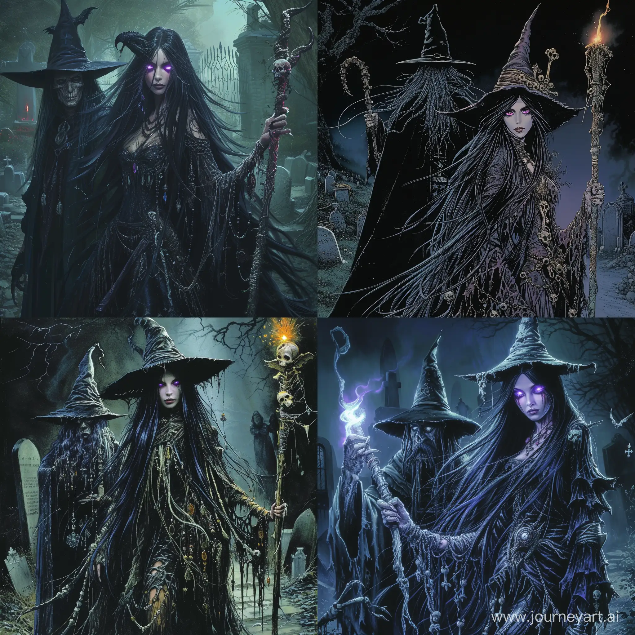a woman that is Elegant and ethereal, with long, flowing midnight-black hair, Sharp, violet eyes that seem to glow with an otherworldly power, Adorns herself in long, tattered robes adorned with dark witchcraft symbols, Carries a staff adorned with the bones of fallen creatures, accompanied by a dark wizard wearing a wizard hat, a black sleek robe and a stall that emits dark magic, in a dark cemetery, 1970's dark fantasy style, grim dark, gritty, detailed