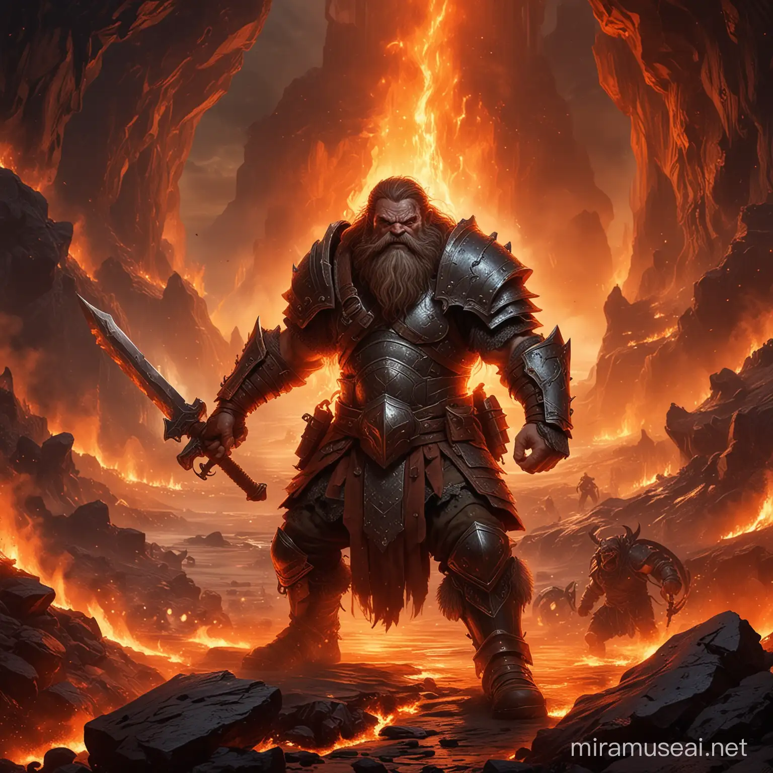 "Describe a scene featuring a rugged dwarf fighter clad in formidable armor, battling fiercely against a backdrop of roaring flames and billowing smoke in a treacherous, lava-filled cavern. Convey the sheer determination etched on the warrior's face as they wield their trusty weapon, the clang of metal against metal echoing amidst the chaos, while the glow of molten lava casts an ominous glow upon the harrowing battlefield."