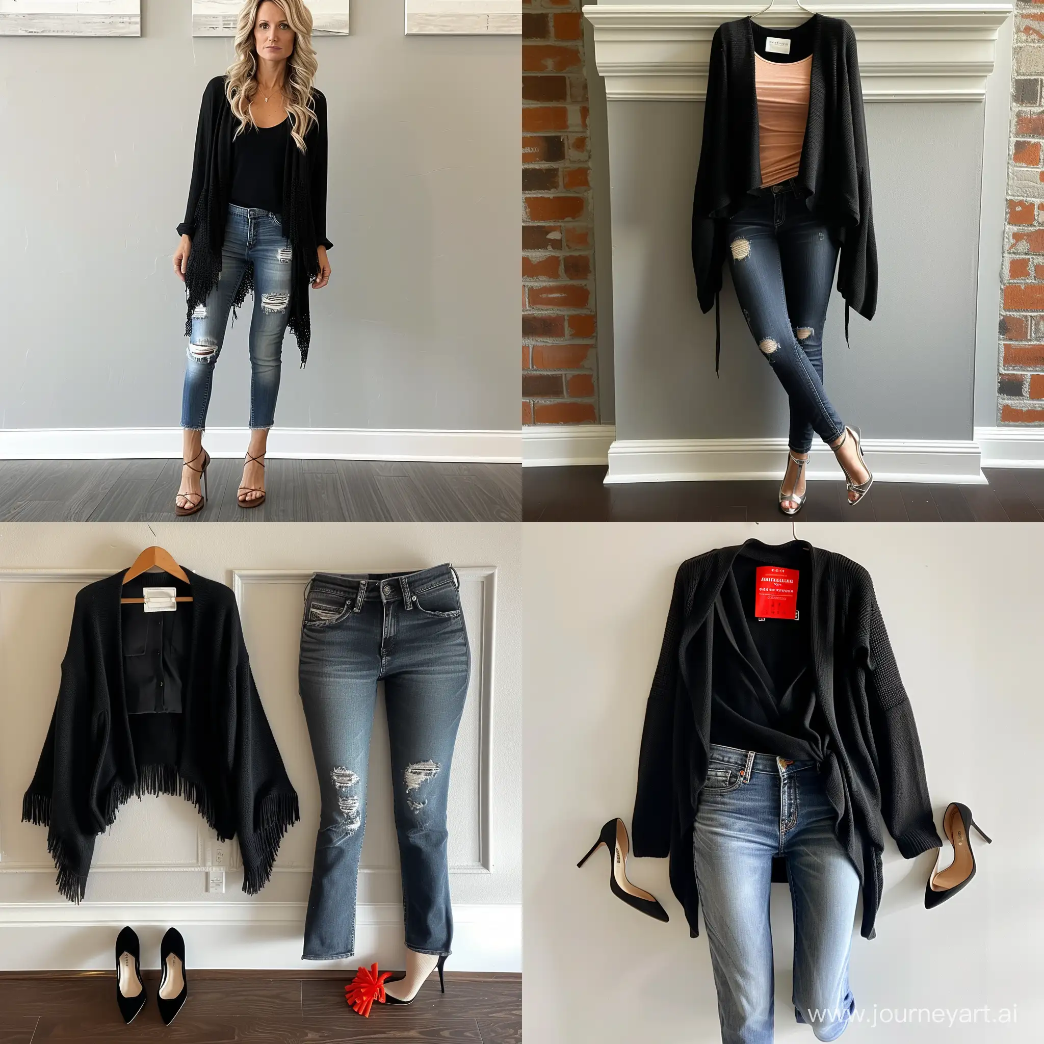 outfit black waterfall cardigan and american eagle jeans with high heels