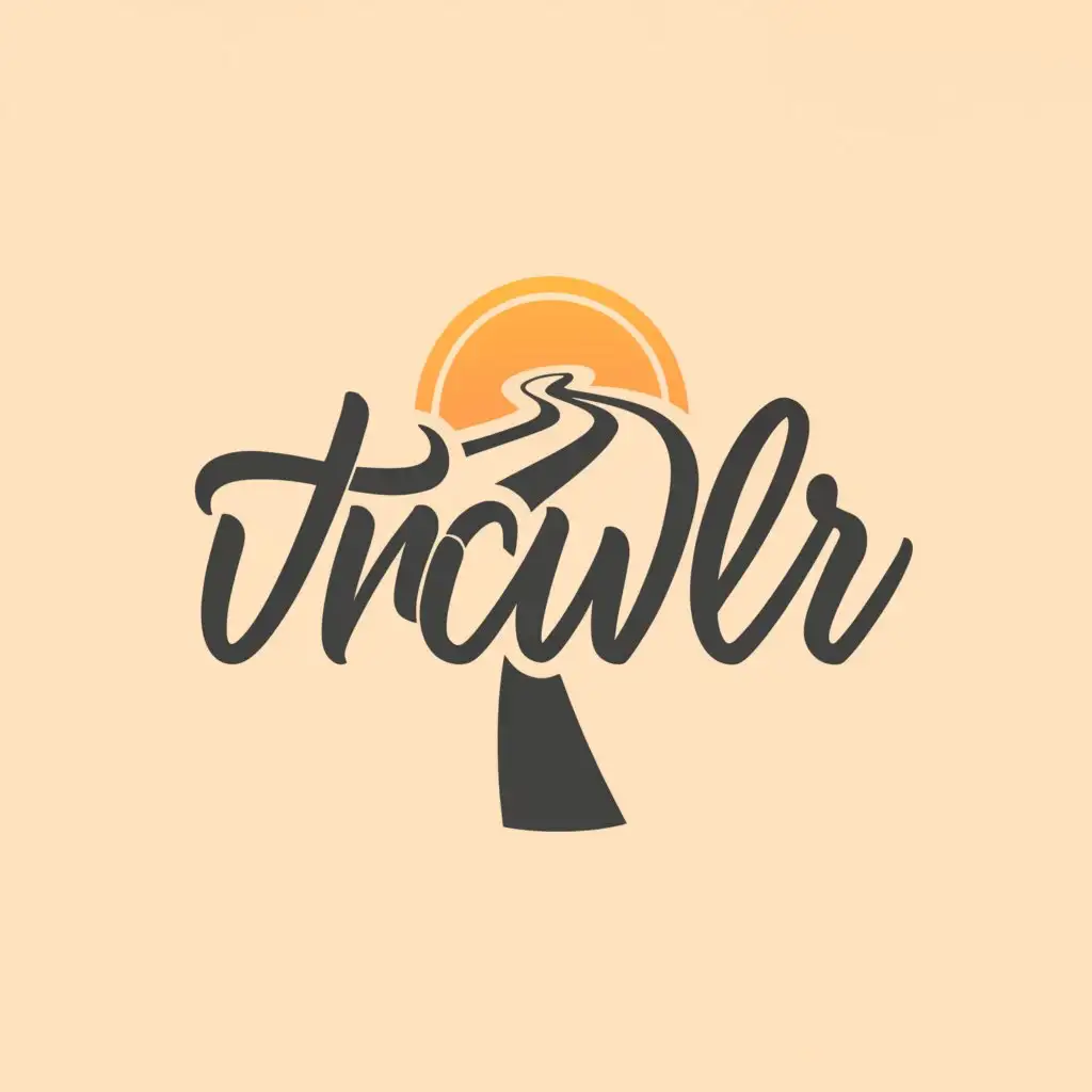 a logo design, with the text 'Travlr', main symbol: road, Moderate, to be used in Travel industry, sunset background