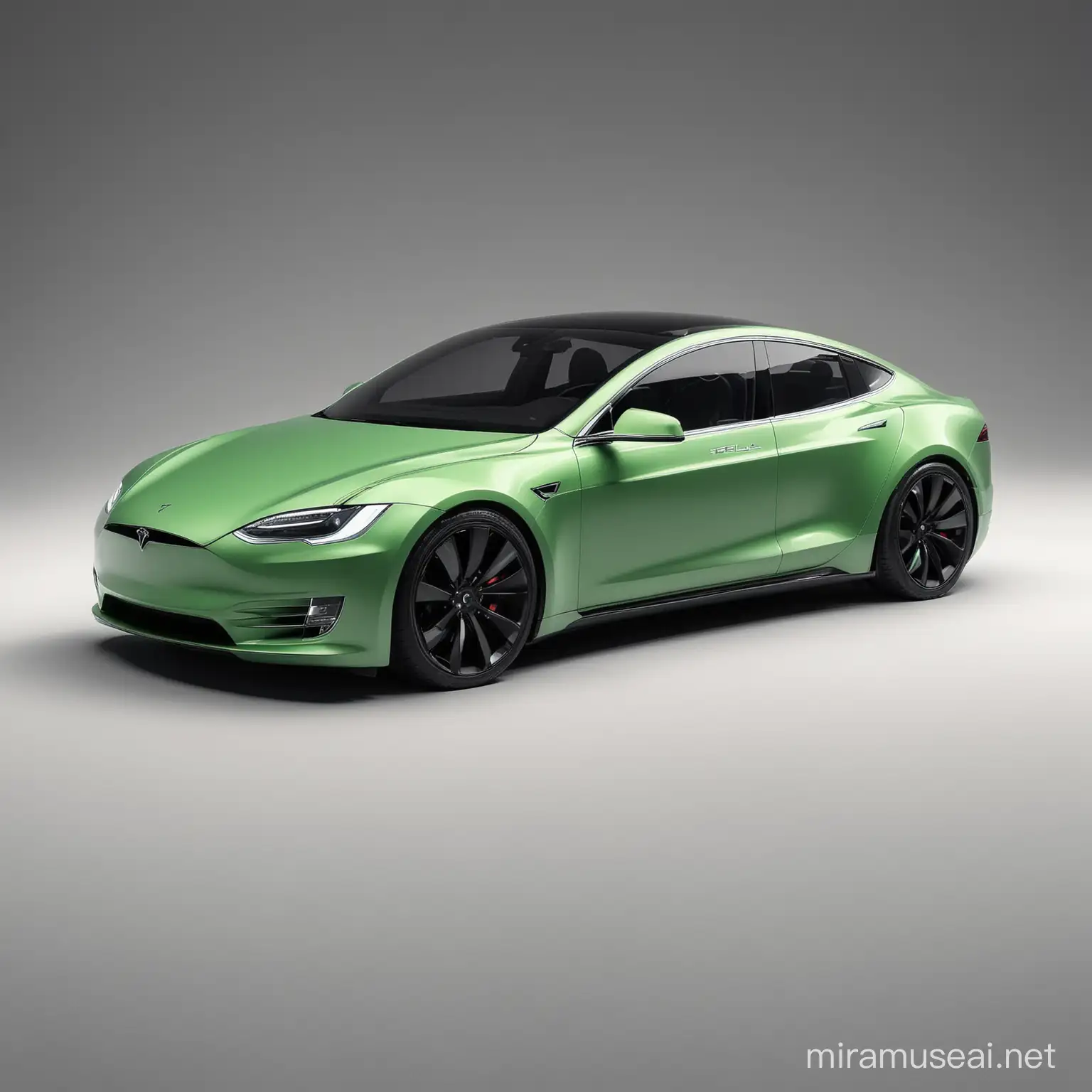 Car Tesla model colored in light green, and logo FIZI on one back in white black color