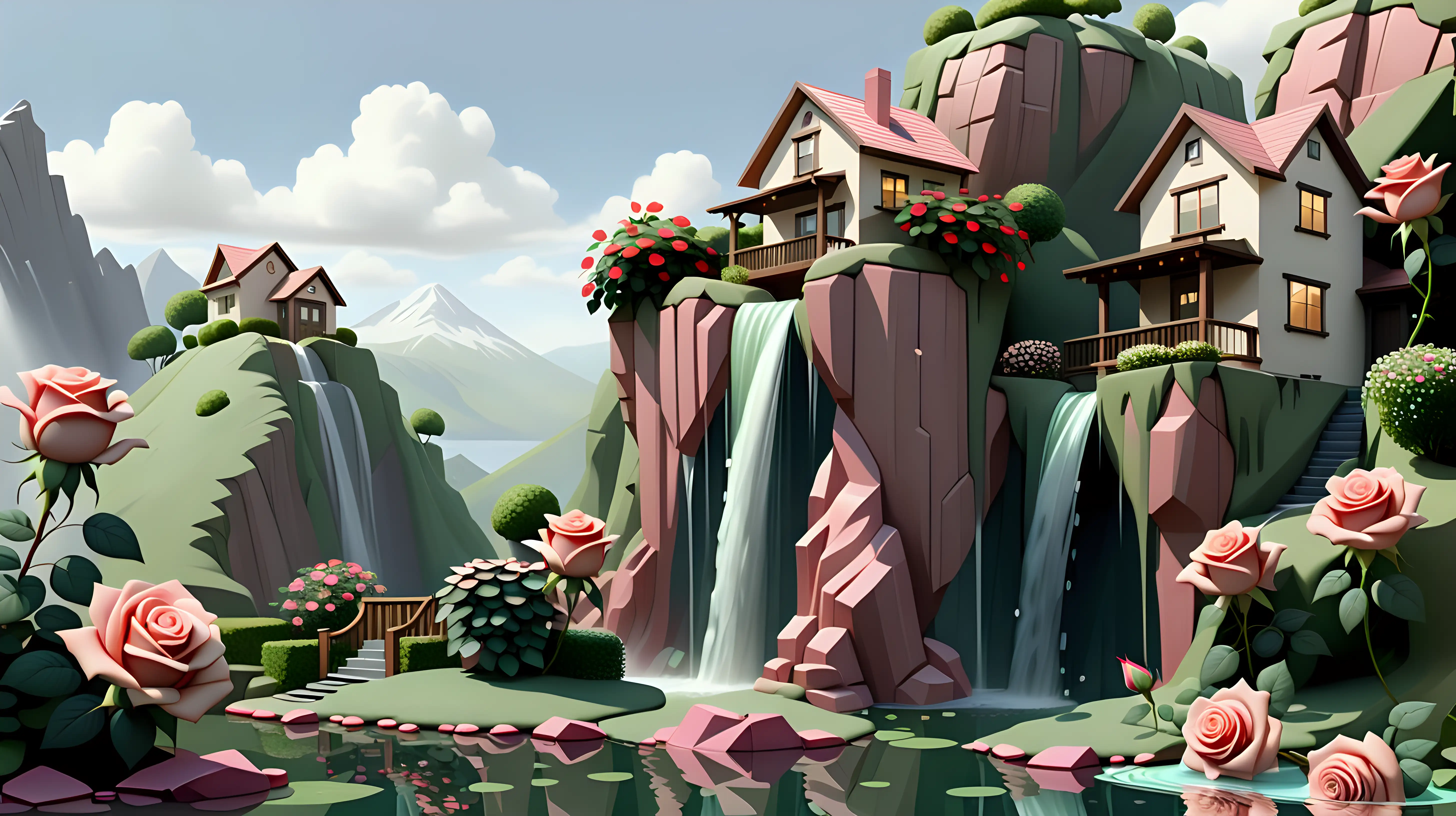 Scenic Mountain Waterfalls with Rose Bush and Hillside House