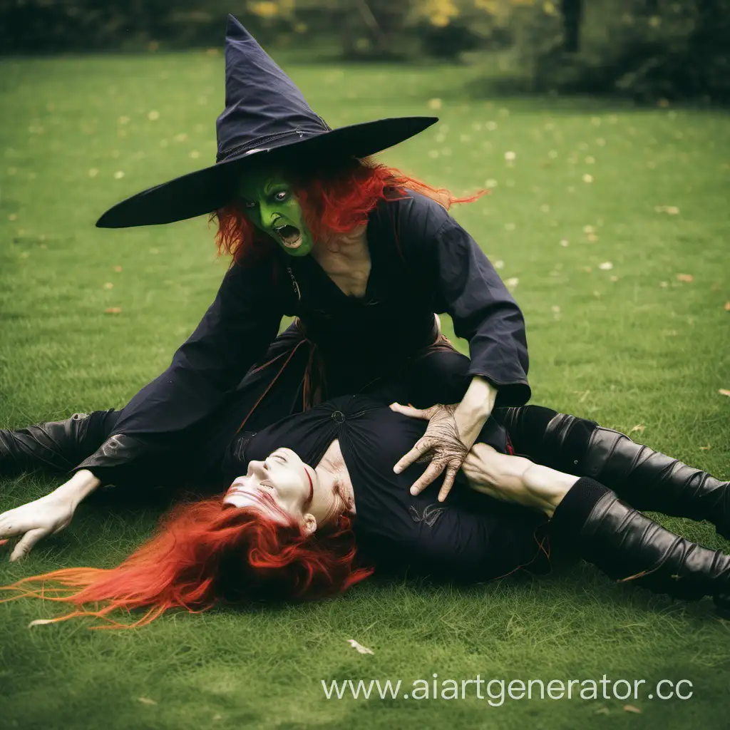  Two Witch fight on grass grappling rolling wrestling