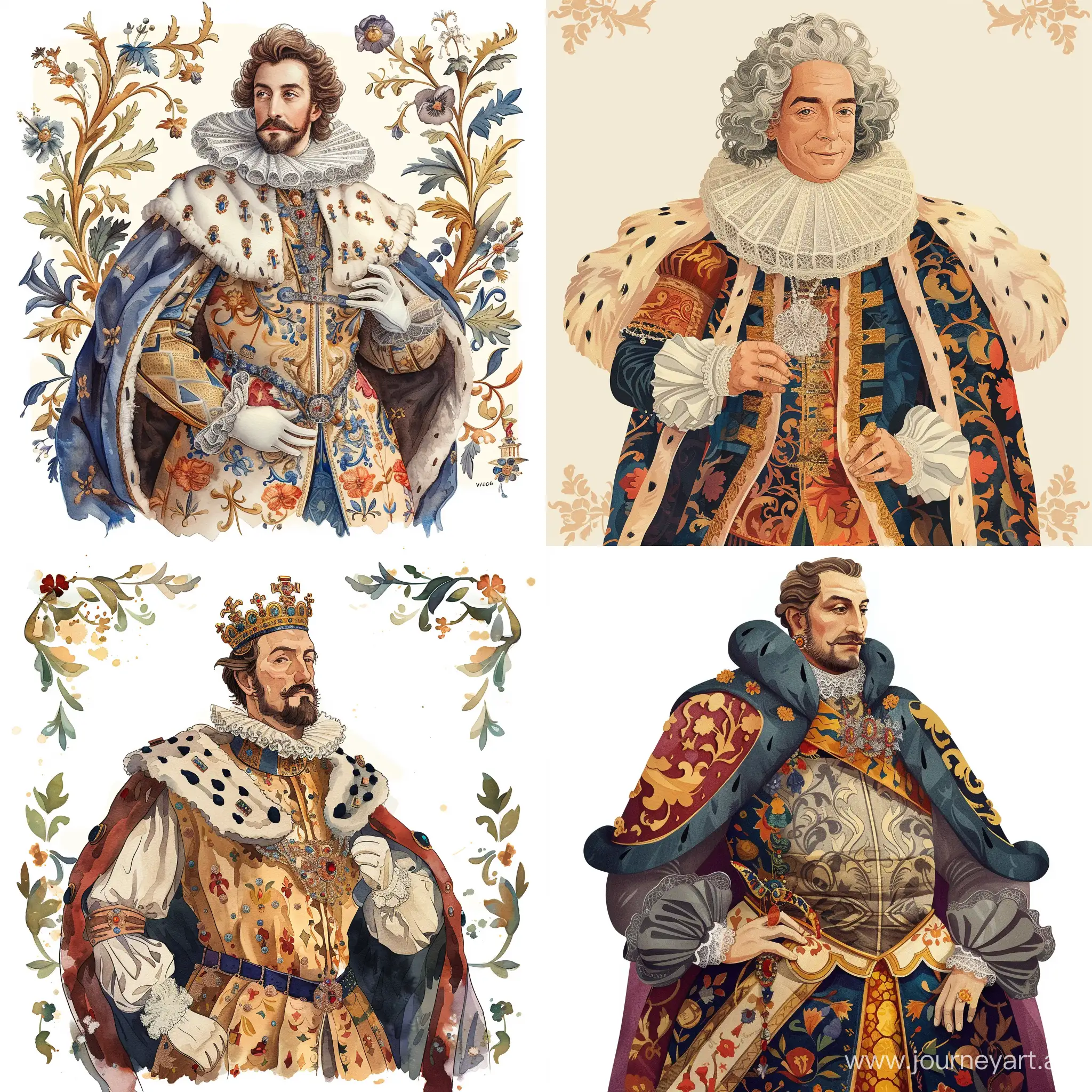 ornamental waist portrait of the ancient King of France, in rich clothes, watercolor style, detailed, decorative, flat illustration, Victor Ngai style