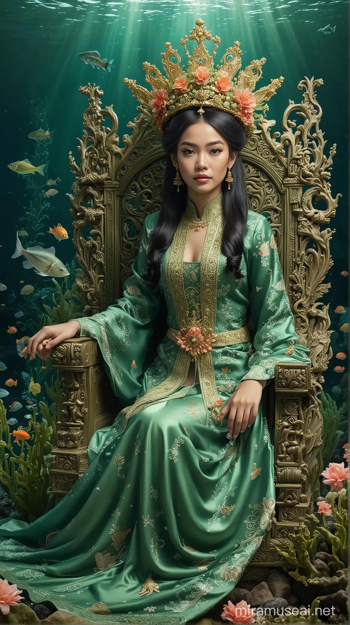 Tolong buatkan gambar Nyi Roro Kidul asal indonesia dengan pakaian adat jawa kerajaan laut yang anggun berwarna hijau dan mahkota yang megah di atas kepala, sedang duduk di singgasana di dasar laut yang indah, dikelilingi oleh makhluk laut seperti ikan, ubur-ubur, dan terumbu karang yang berkilauan."