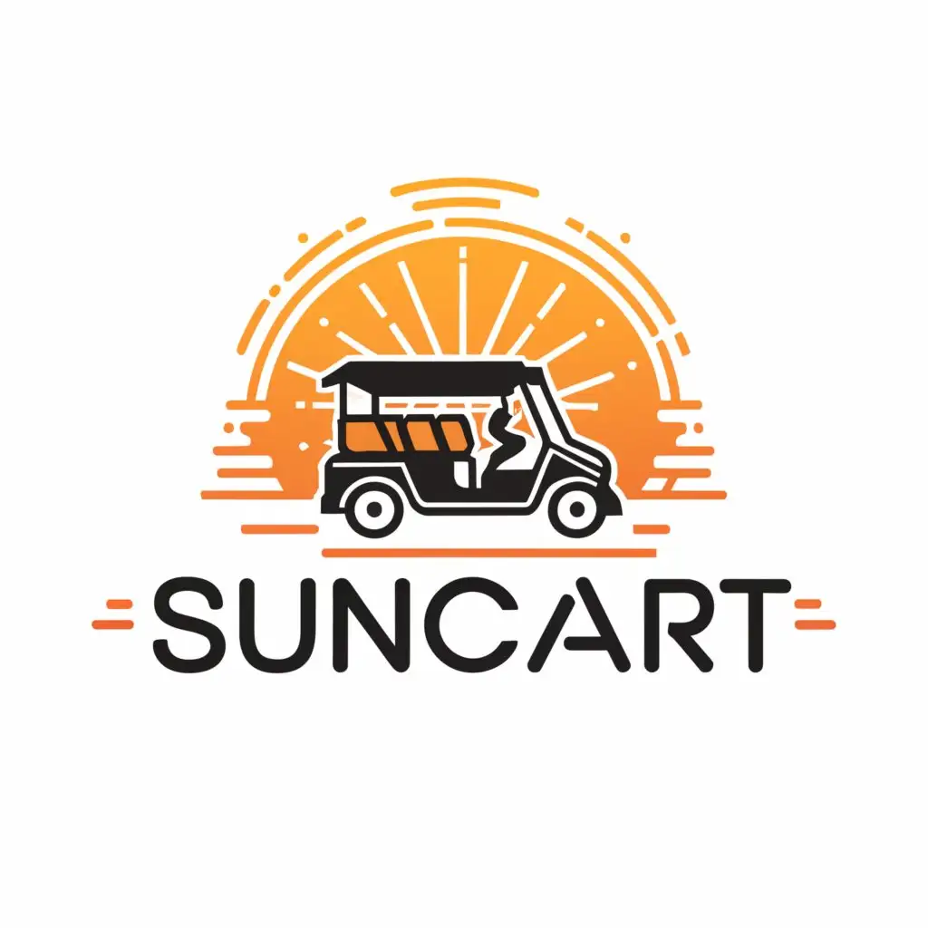 a logo design,with the text "SUNCART", main symbol:Golf cart 6 seater in Desert ,Moderate,clear background