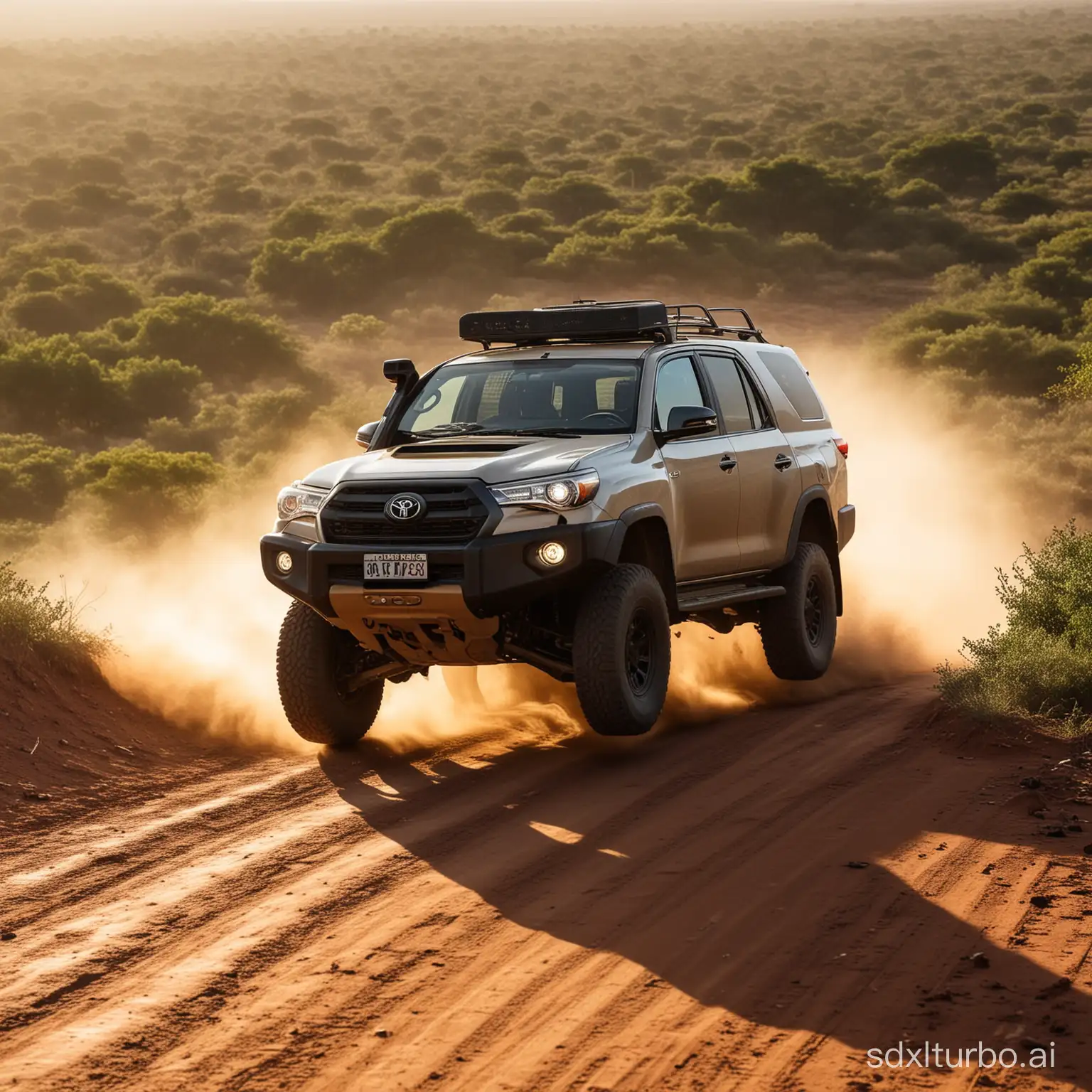 In the heart of rural Paraguay, a Toyota SW4, its rugged, battle-hardened exterior a testament to its off-road prowess, claws its way up a dusty, serpentine road that winds through the Chacoan countryside. The sun beats down, casting a golden, cinematic glow over the scene, as if the very heavens themselves are spotlighting this moment of high-octane adventure