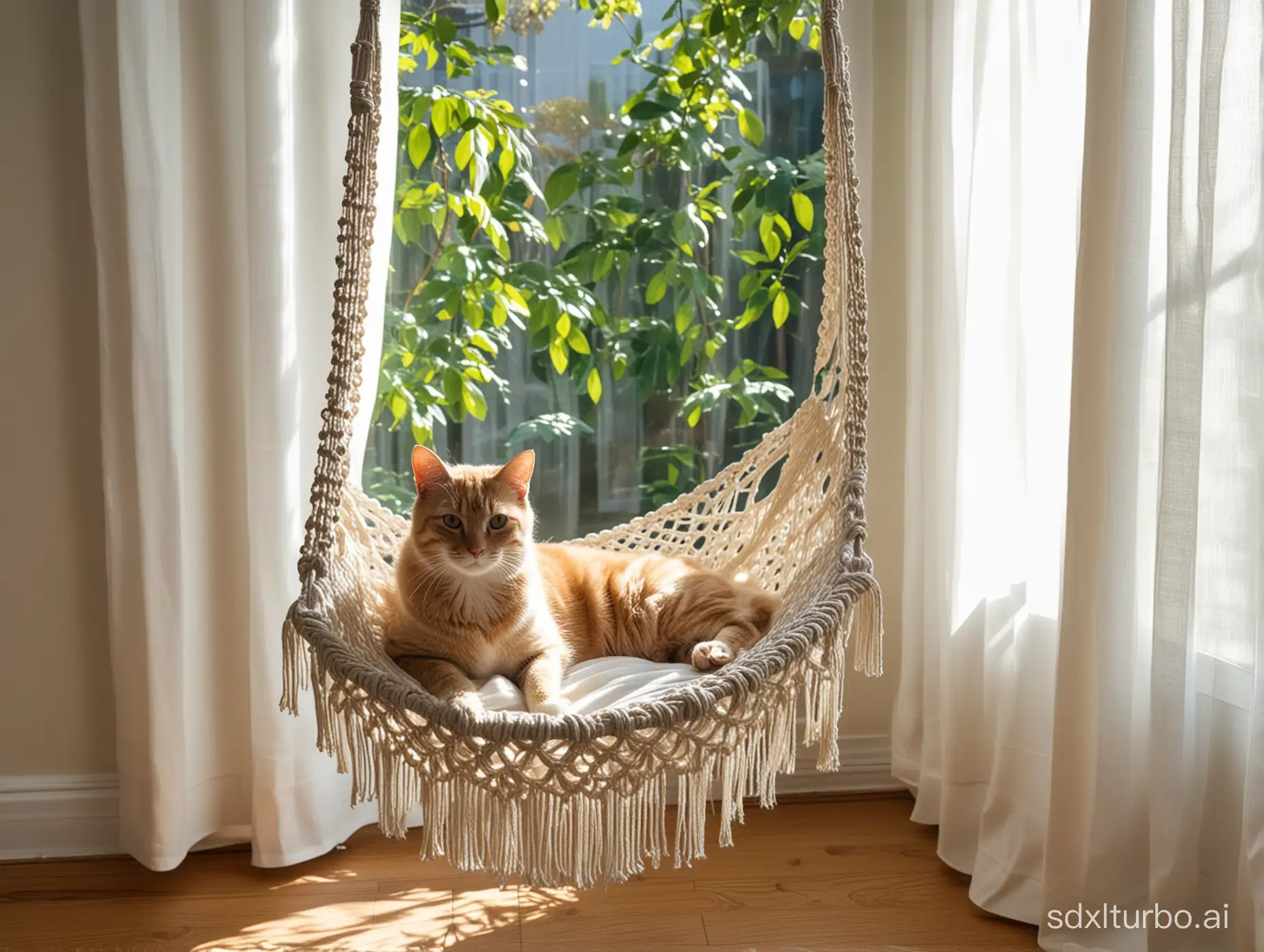 macrame cat hammock the curtains are blowing , sunshine tree shadow