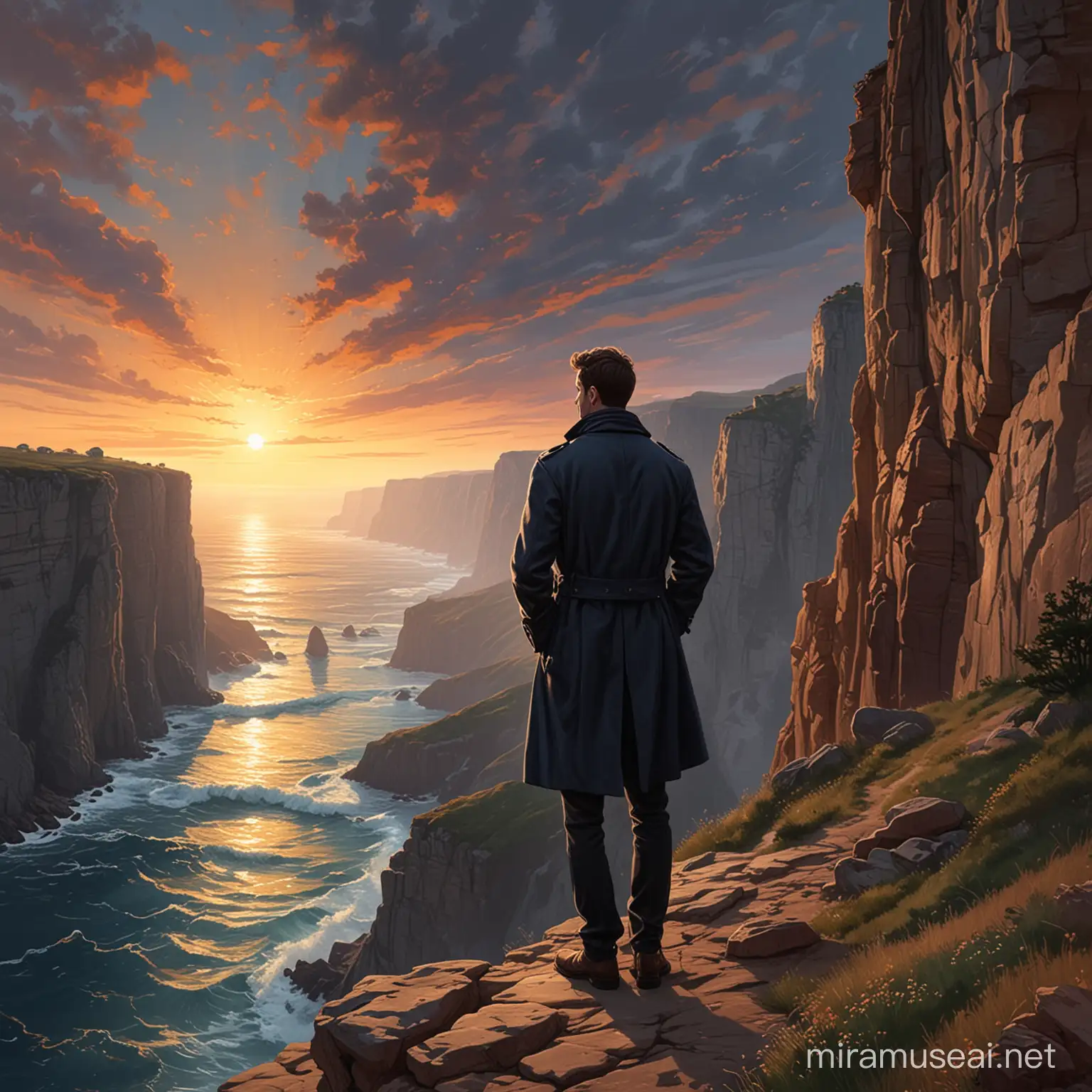 Charismatic Man in Navy Coat Standing on Cliff at Sunset