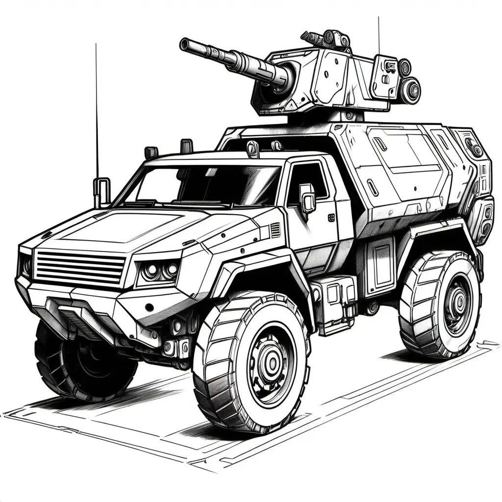pickup truck style vehicle, armed with a mortar, battletech, technical readout, black and white line drawing