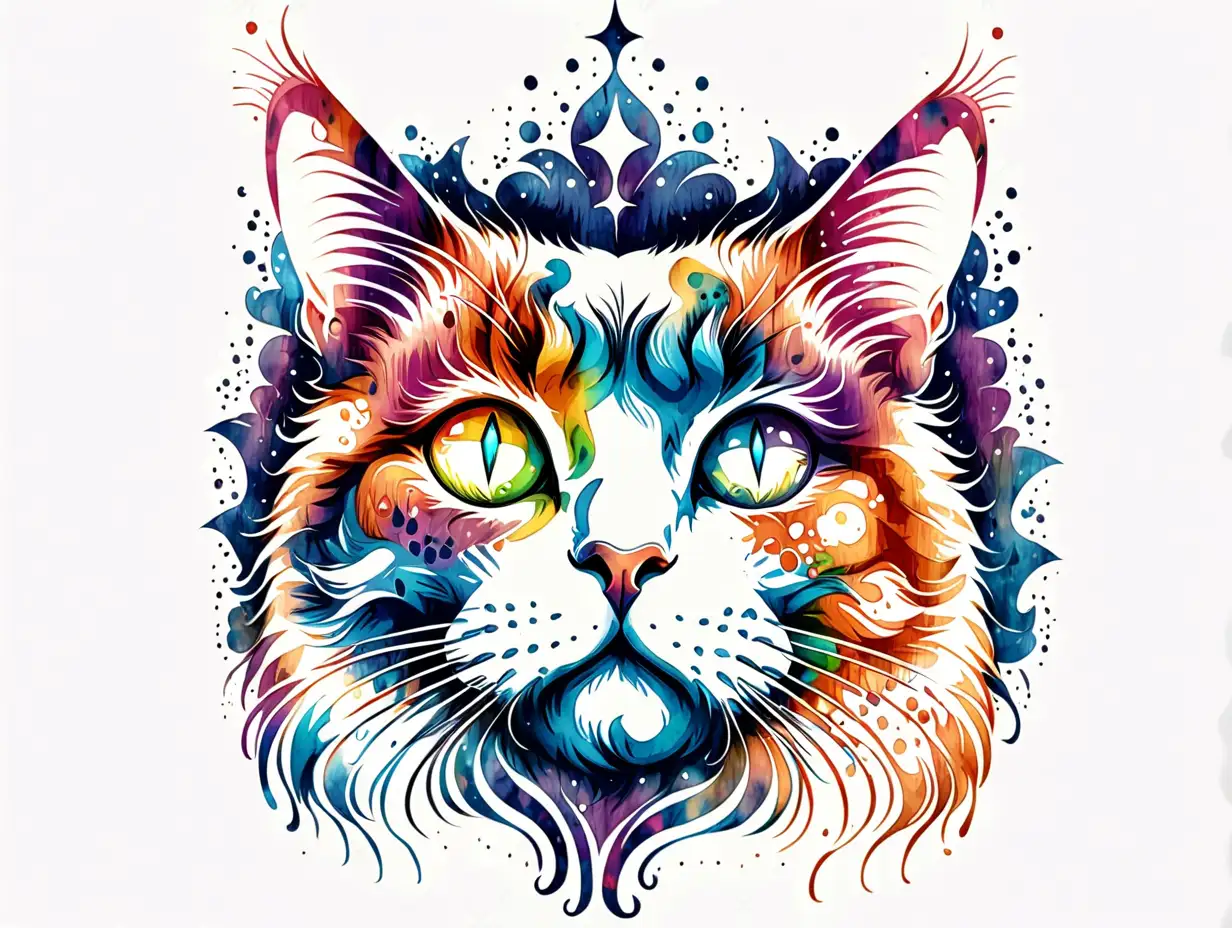 psychedelic image of a multicolored cat aquarel style t-shirt design muted colors white background blessed cat 