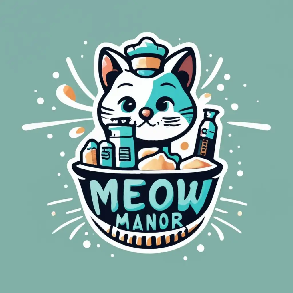 logo, Cat, cat food and spray with the blue and white theme, with the text "Meow Manor", typography, be used in Animals Pets industry